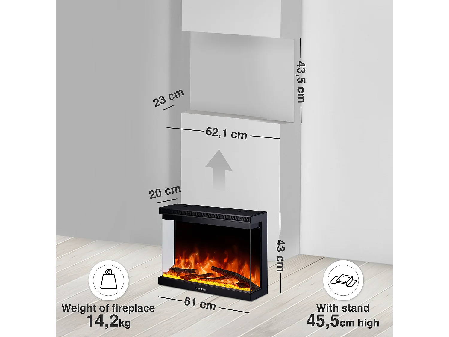KAMINIO Cheminée électrique LEA - Cheminée 3-en-1 avec vue panoramique, chauffage, effet de flamme, 12 couleurs de flammes, télécommande - 24 pouces