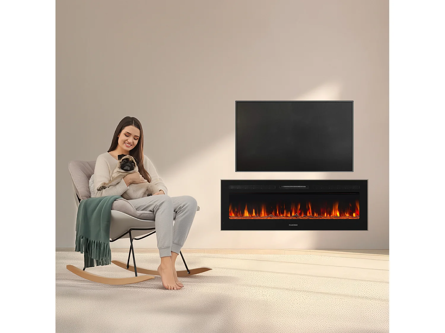 KAMINIO Camino elettrico MARLON - Camino elettrico 3 in 1 con riscaldatore, effetto fiamma 3D, 12 colori di fiamma, telecomando - 50 pollici