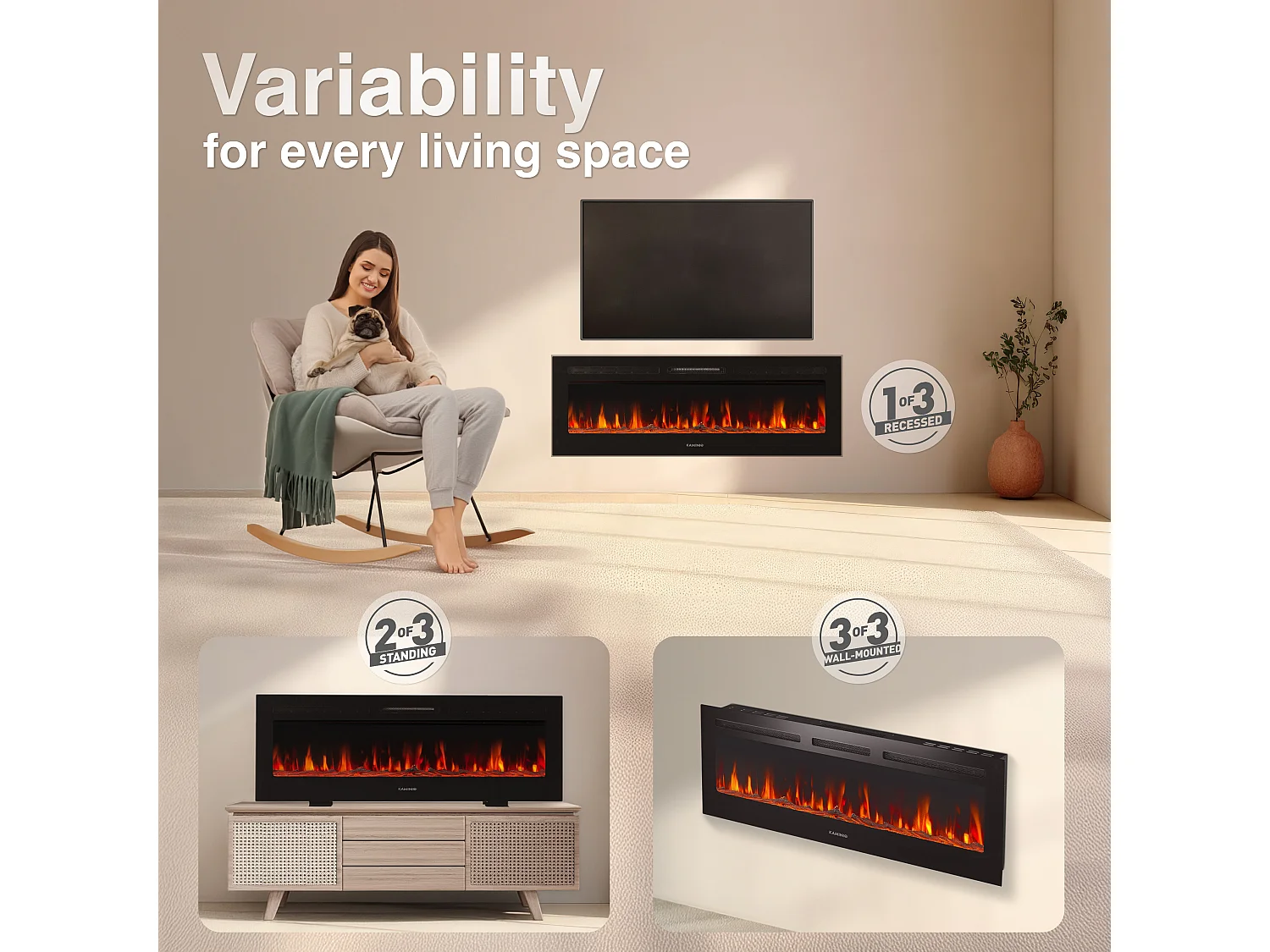 KAMINIO Camino elettrico MARLON - Camino elettrico 3 in 1 con riscaldatore, effetto fiamma 3D, 12 colori di fiamma, telecomando - 50 pollici