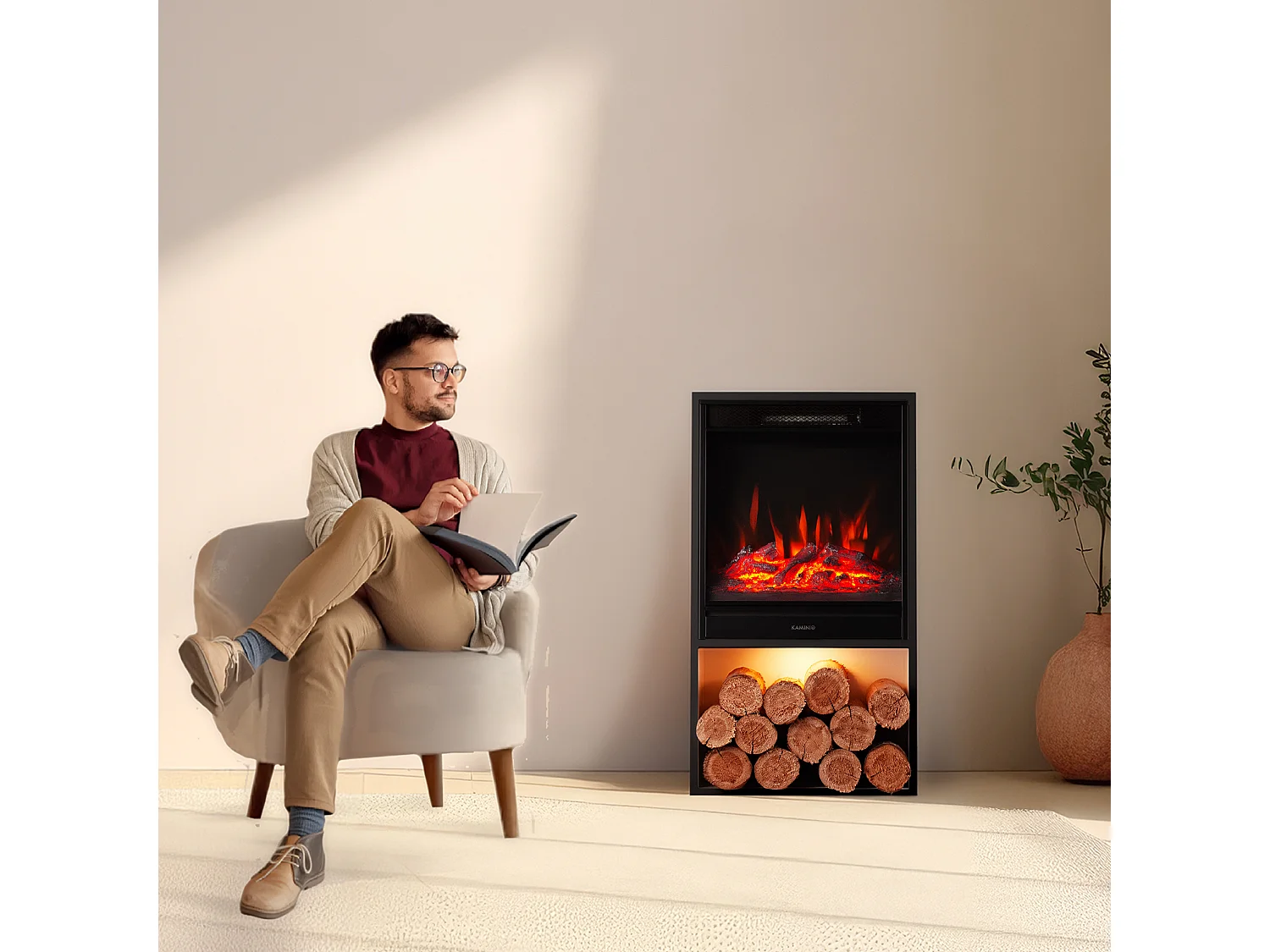 KAMINIO Cheminée électrique HUGO - Poêle électrique avec Chauffage, Effet de Flamme 3D, lumière d'ambiance LED, Casier à Bois, télécommande - Noir