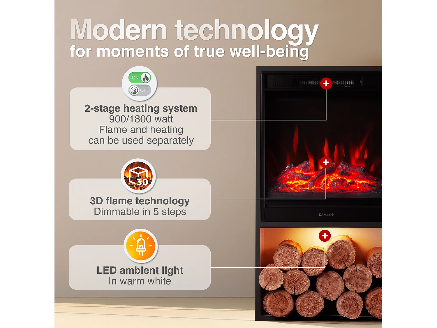 KAMINIO Cheminée électrique HUGO - Poêle électrique avec Chauffage, Effet de Flamme 3D, lumière d'ambiance LED, Casier à Bois, télécommande - Noir