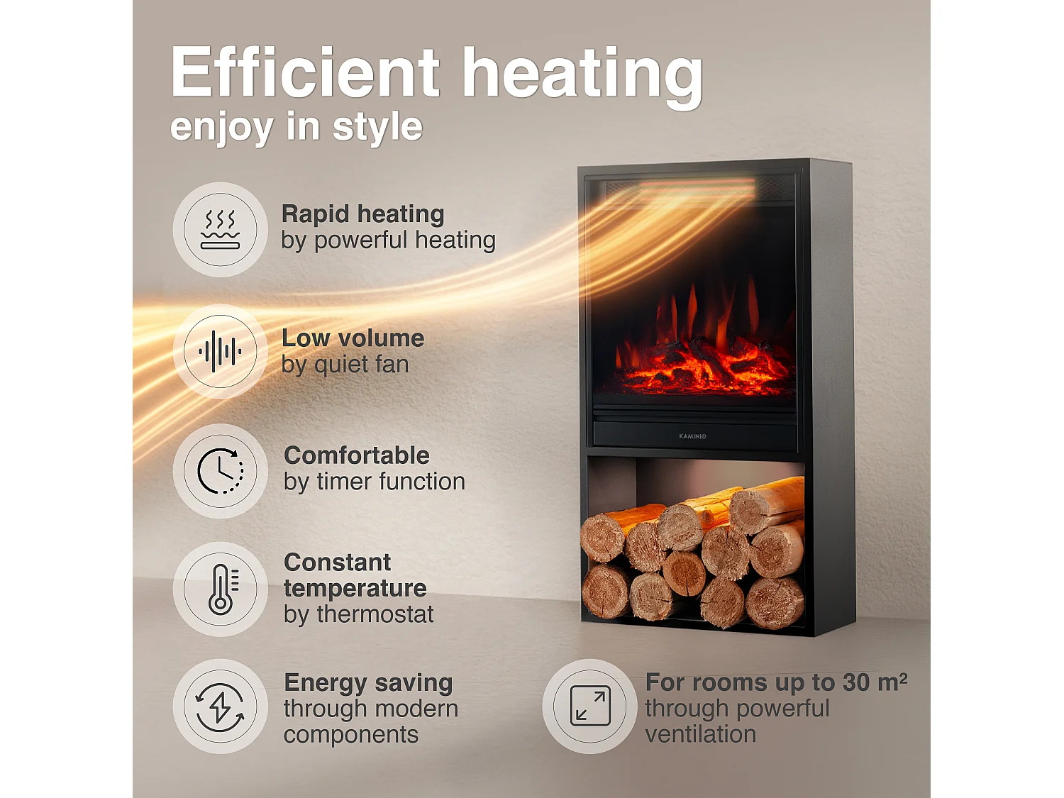 KAMINIO Cheminée électrique HUGO - Poêle électrique avec Chauffage, Effet de Flamme 3D, lumière d'ambiance LED, Casier à Bois, télécommande - Noir