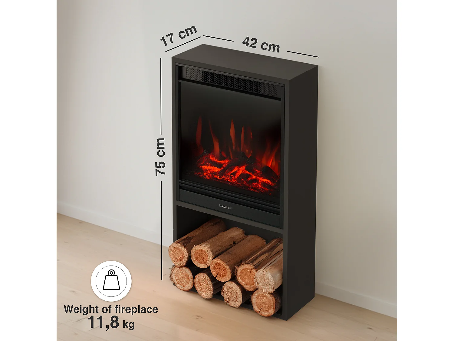 KAMINIO Cheminée électrique HUGO - Poêle électrique avec Chauffage, Effet de Flamme 3D, lumière d'ambiance LED, Casier à Bois, télécommande - Noir