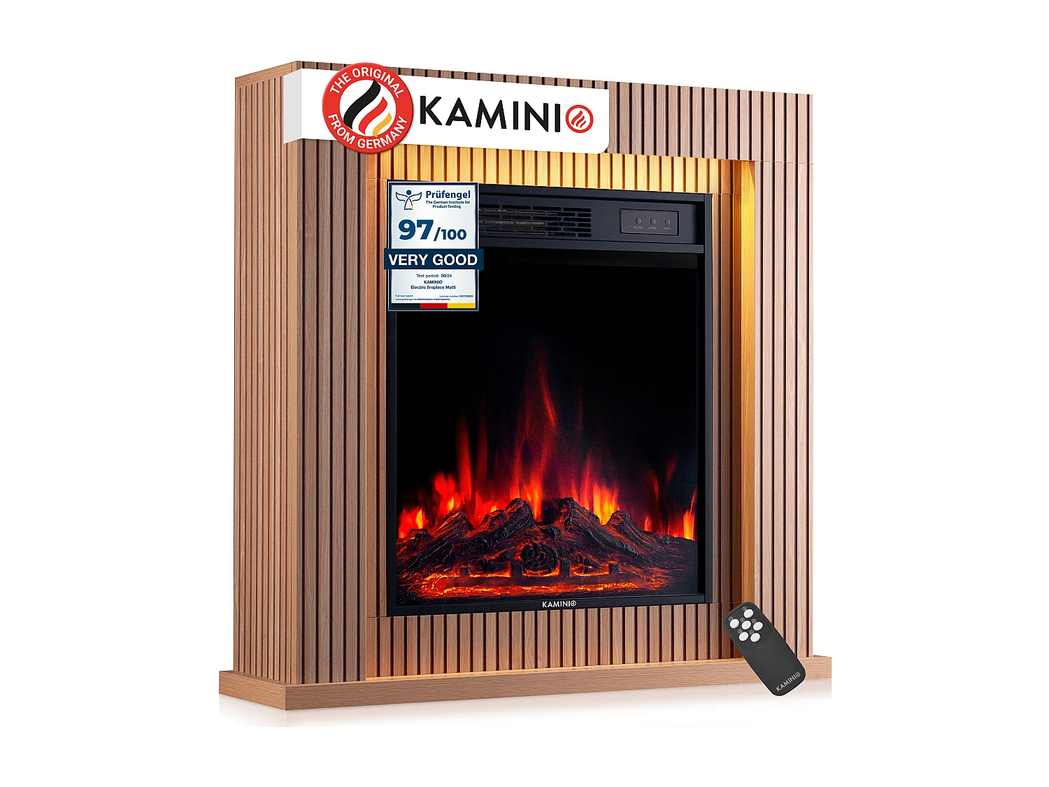 KAMINIO Elektrische haard MATTI – Elektrische staande haard met verwarmingsfunctie, 3D-vlammeffect, sfeerverlichting, afstandsbediening – 32 inch, Paneel