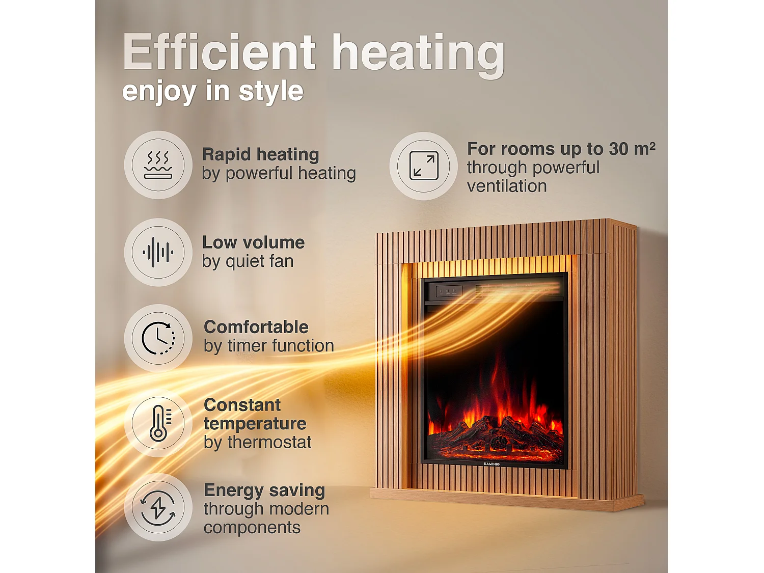 KAMINIO Elektrische haard MATTI – Elektrische staande haard met verwarmingsfunctie, 3D-vlammeffect, sfeerverlichting, afstandsbediening – 32 inch, Paneel