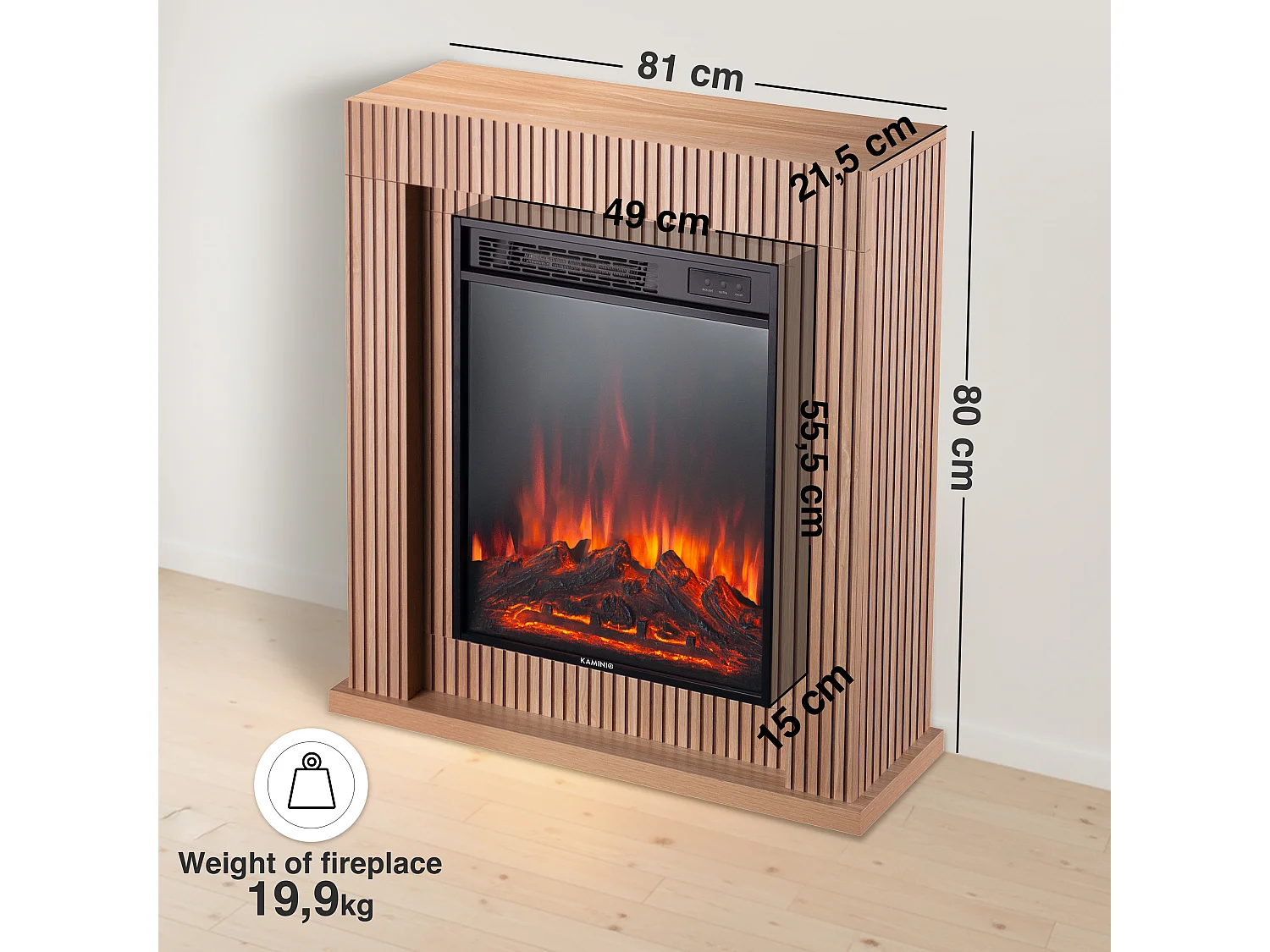 KAMINIO Elektrische haard MATTI – Elektrische staande haard met verwarmingsfunctie, 3D-vlammeffect, sfeerverlichting, afstandsbediening – 32 inch, Paneel