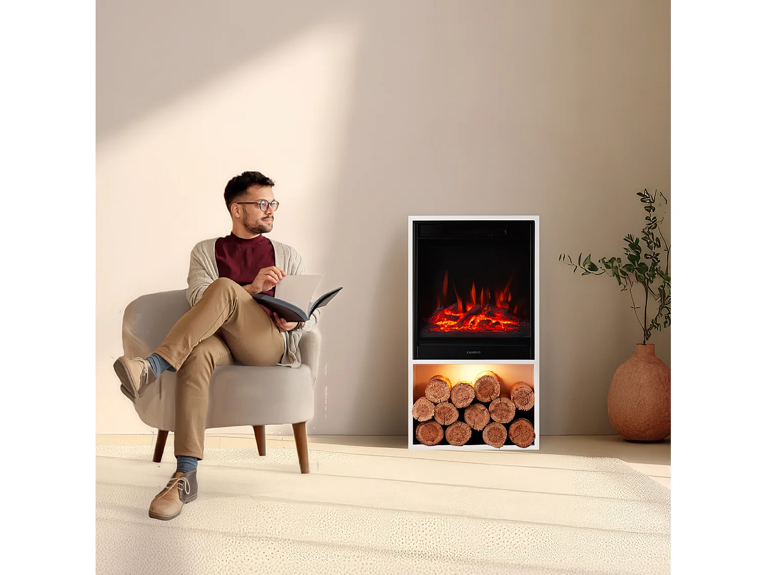KAMINIO HUGO Elektrische Haard - Elektrische haard met verwarmingselement, 3D-vlameffect, LED-sfeerverlichting, houtopslag en afstandsbediening - Wit