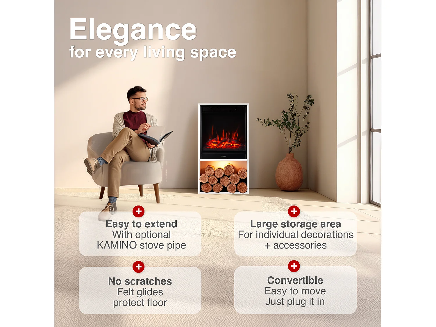 KAMINIO HUGO Elektrische Haard - Elektrische haard met verwarmingselement, 3D-vlameffect, LED-sfeerverlichting, houtopslag en afstandsbediening - Wit