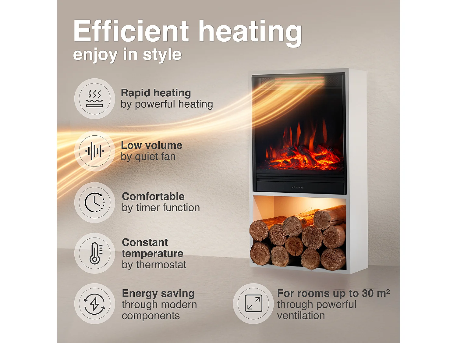 KAMINIO HUGO Elektrische Haard - Elektrische haard met verwarmingselement, 3D-vlameffect, LED-sfeerverlichting, houtopslag en afstandsbediening - Wit