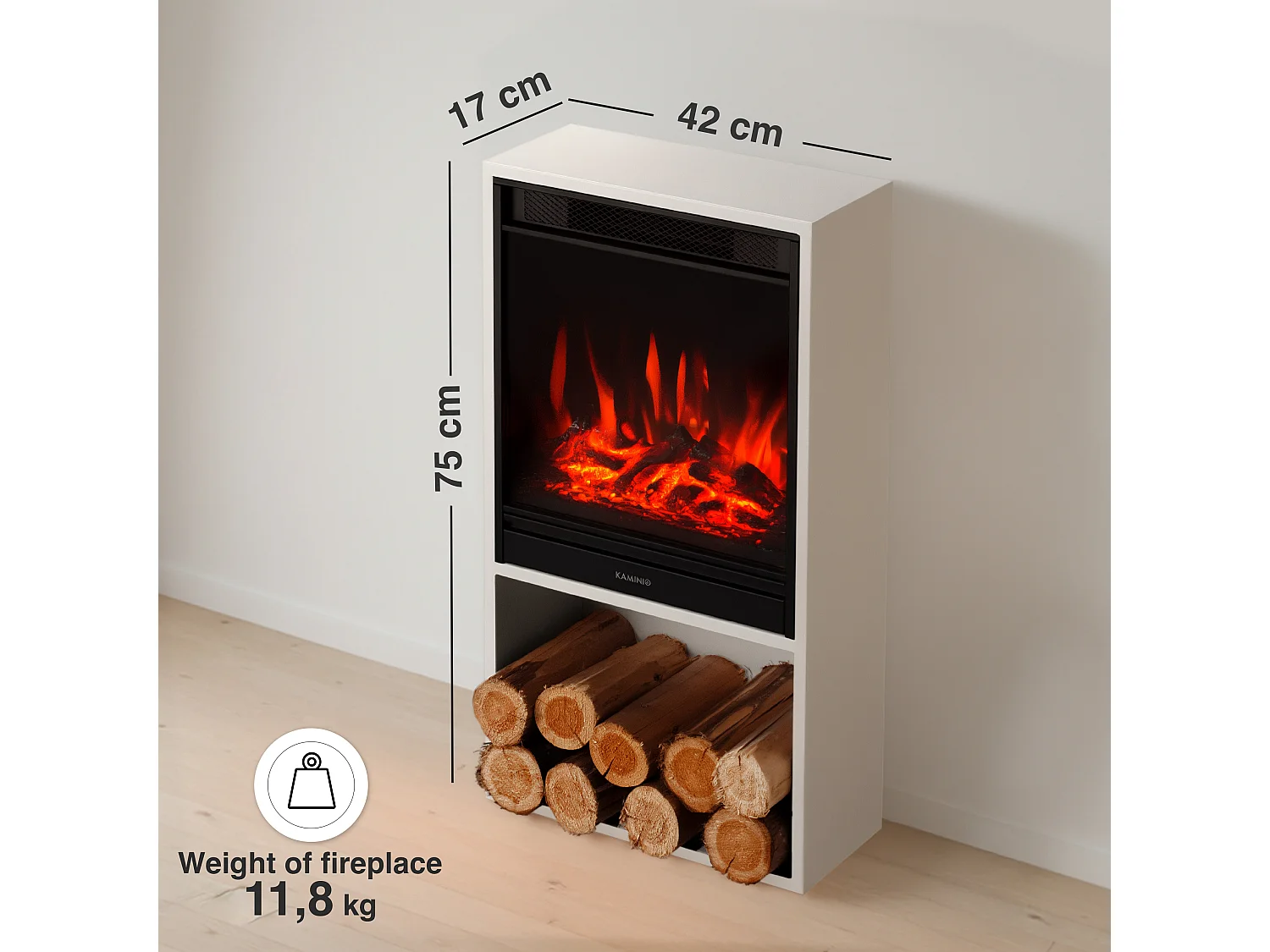 KAMINIO HUGO Elektrische Haard - Elektrische haard met verwarmingselement, 3D-vlameffect, LED-sfeerverlichting, houtopslag en afstandsbediening - Wit