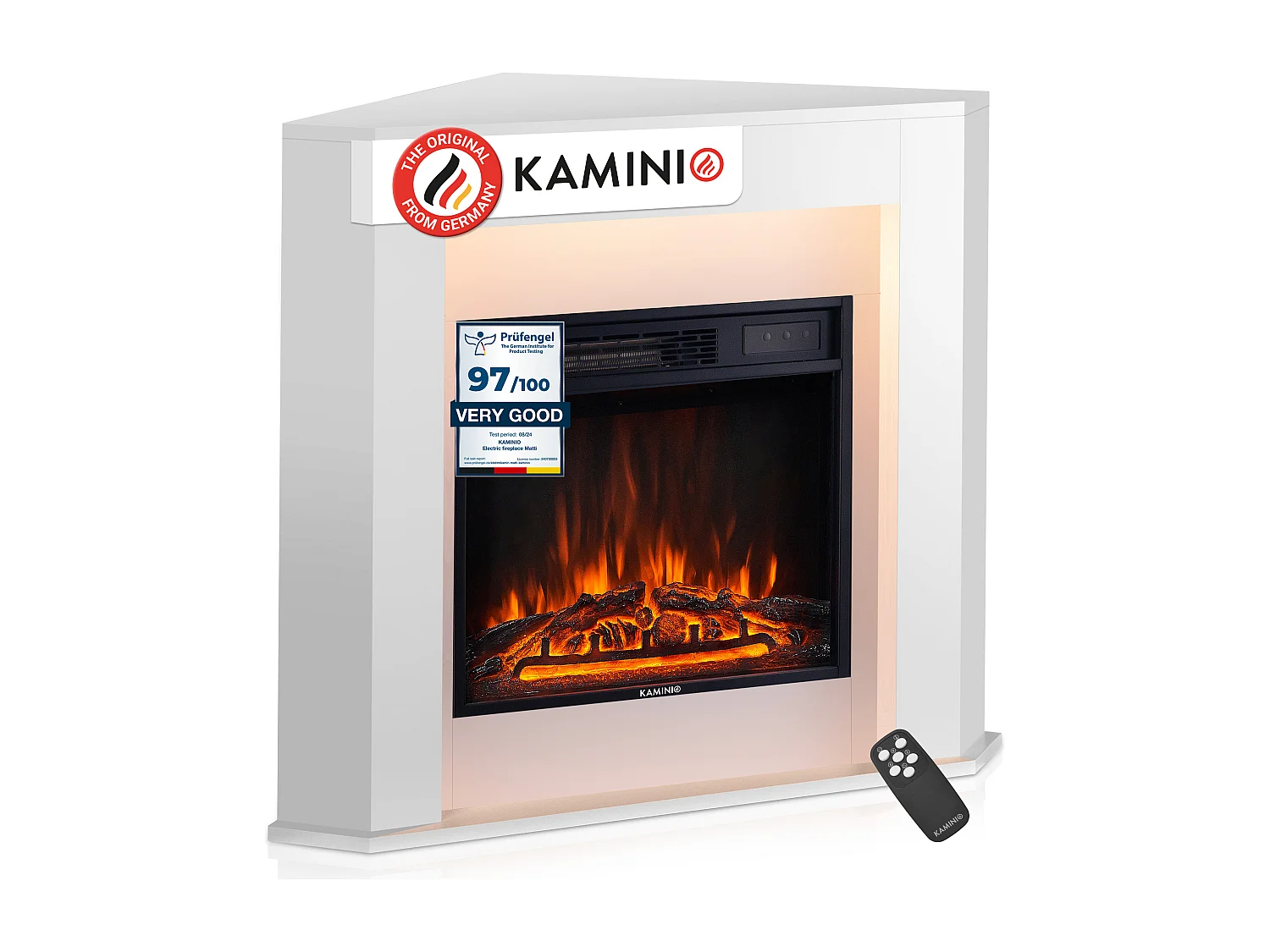 KAMINIO Chimenea eléctrica MATTI - Chimenea eléctrica de esquina con calefacción, efecto de llama 3D, luz ambiental, control remoto - Esquina, Blanco