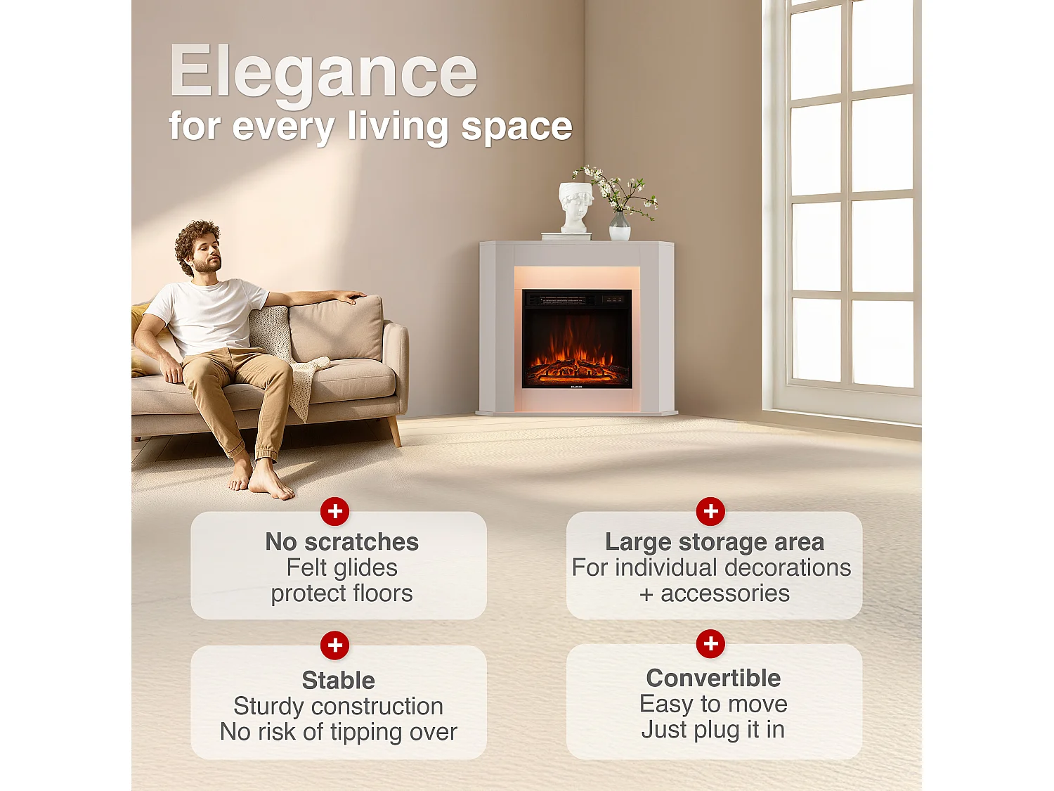 KAMINIO Chimenea eléctrica MATTI - Chimenea eléctrica de esquina con calefacción, efecto de llama 3D, luz ambiental, control remoto - Esquina, Blanco