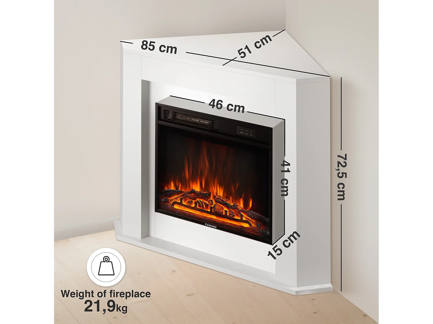 KAMINIO Chimenea eléctrica MATTI - Chimenea eléctrica de esquina con calefacción, efecto de llama 3D, luz ambiental, control remoto - Esquina, Blanco