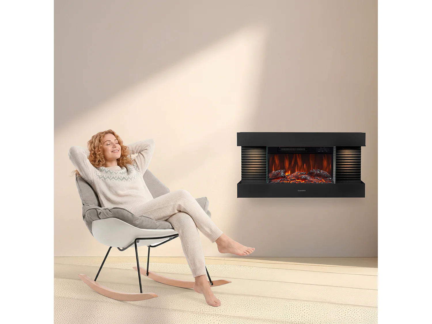 KAMINIO Cheminée électrique LIZ - Cheminée murale avec chauffage, effet de Flamme 3D, lumière d'ambiance LED, télécommande - Noir