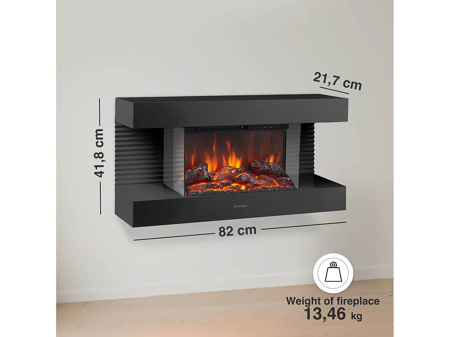 KAMINIO Cheminée électrique LIZ - Cheminée murale avec chauffage, effet de Flamme 3D, lumière d'ambiance LED, télécommande - Noir