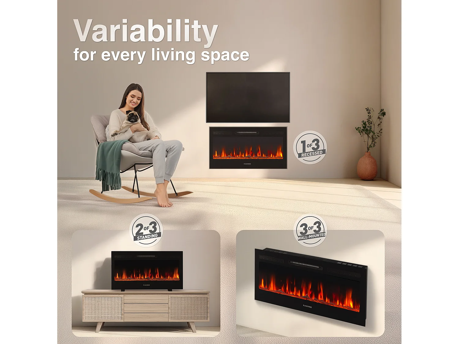 KAMINIO Elektrokamin MARLON - Elektrischer 3-in-1 Kamin mit Heizung, 3D-Flammeneffekt, 12 Flammenfarben, Fernbedienung - 30 Zoll