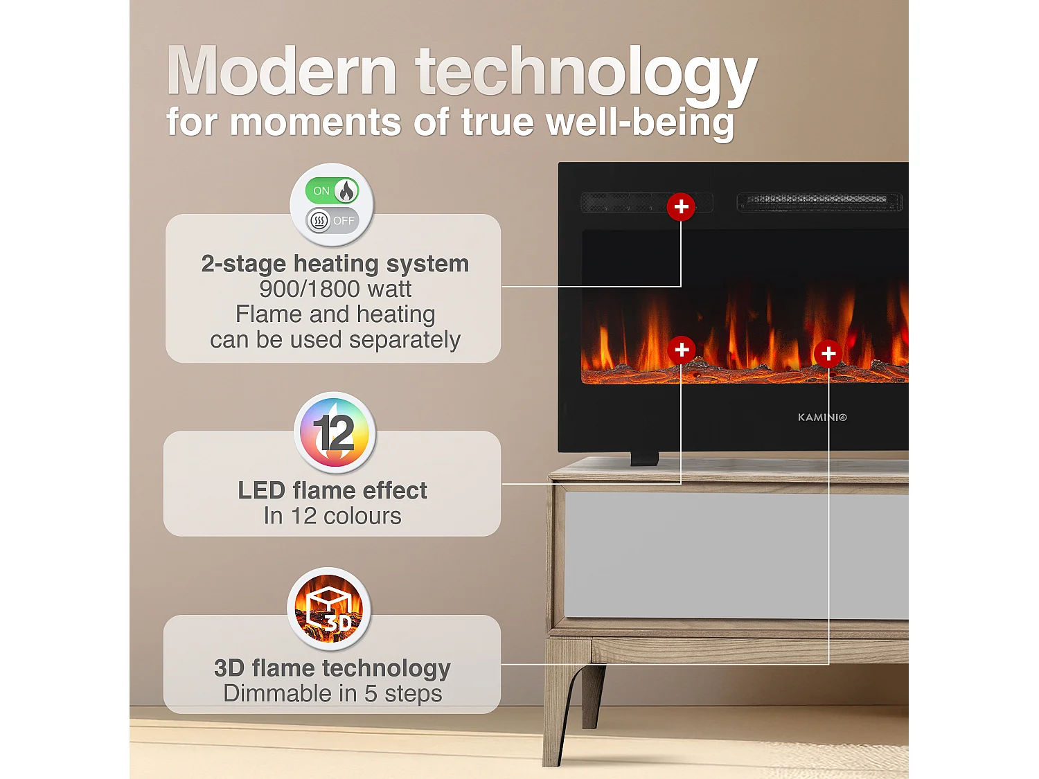 KAMINIO Elektrokamin MARLON - Elektrischer 3-in-1 Kamin mit Heizung, 3D-Flammeneffekt, 12 Flammenfarben, Fernbedienung - 30 Zoll