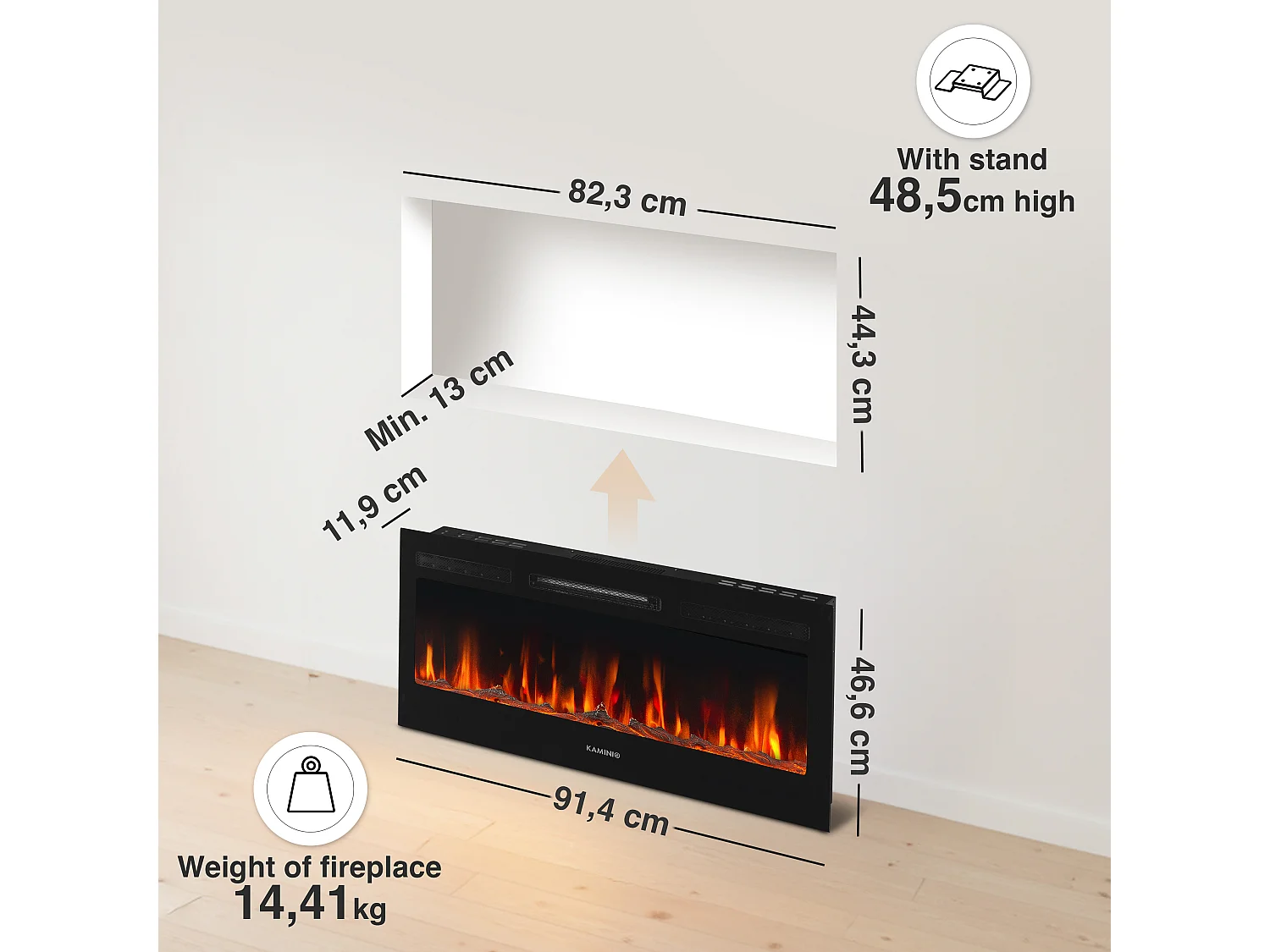 KAMINIO Elektrokamin MARLON - Elektrischer 3-in-1 Kamin mit Heizung, 3D-Flammeneffekt, 12 Flammenfarben, Fernbedienung - 30 Zoll
