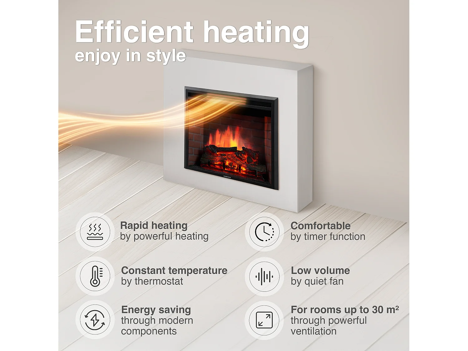 KAMINIO LUCA elektrische haard - Inbouw elektrische haard met verwarming, 3D-vlameffect, 12 vlamkleuren, afstandsbediening - 30 inch