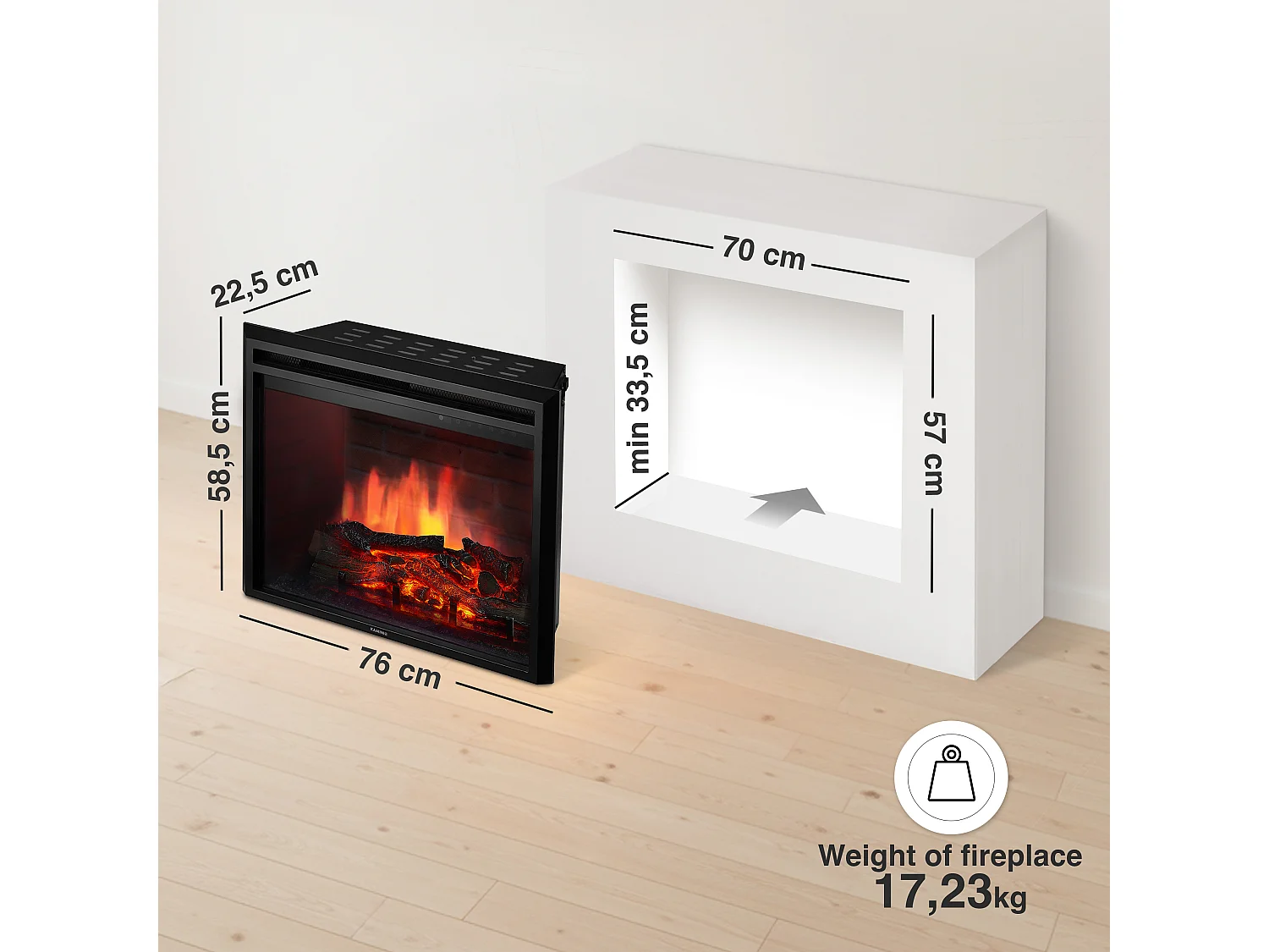 KAMINIO LUCA elektrische haard - Inbouw elektrische haard met verwarming, 3D-vlameffect, 12 vlamkleuren, afstandsbediening - 30 inch