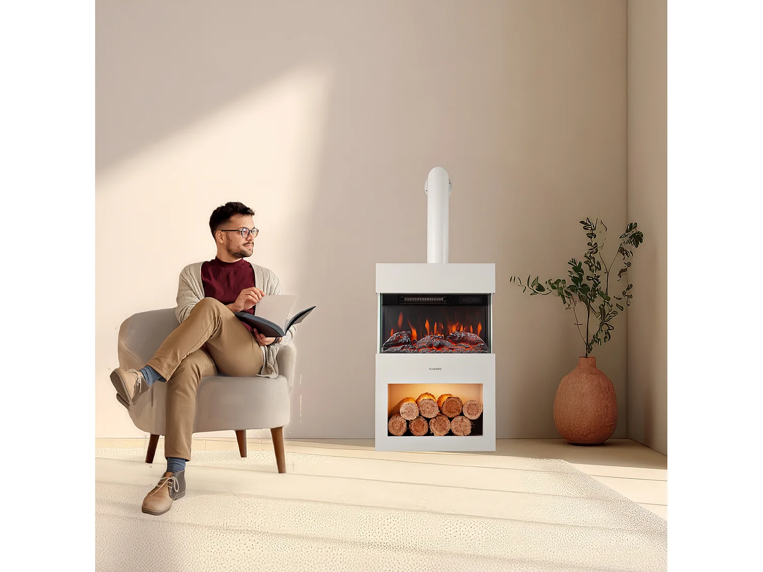 KAMINIO HENRI elektrische haard met rookkanaal - Elektrische haard met verwarming, 3D-vlameffect, LED-sfeerverlichting, houtopslagvak, afstandsbediening - Wit
