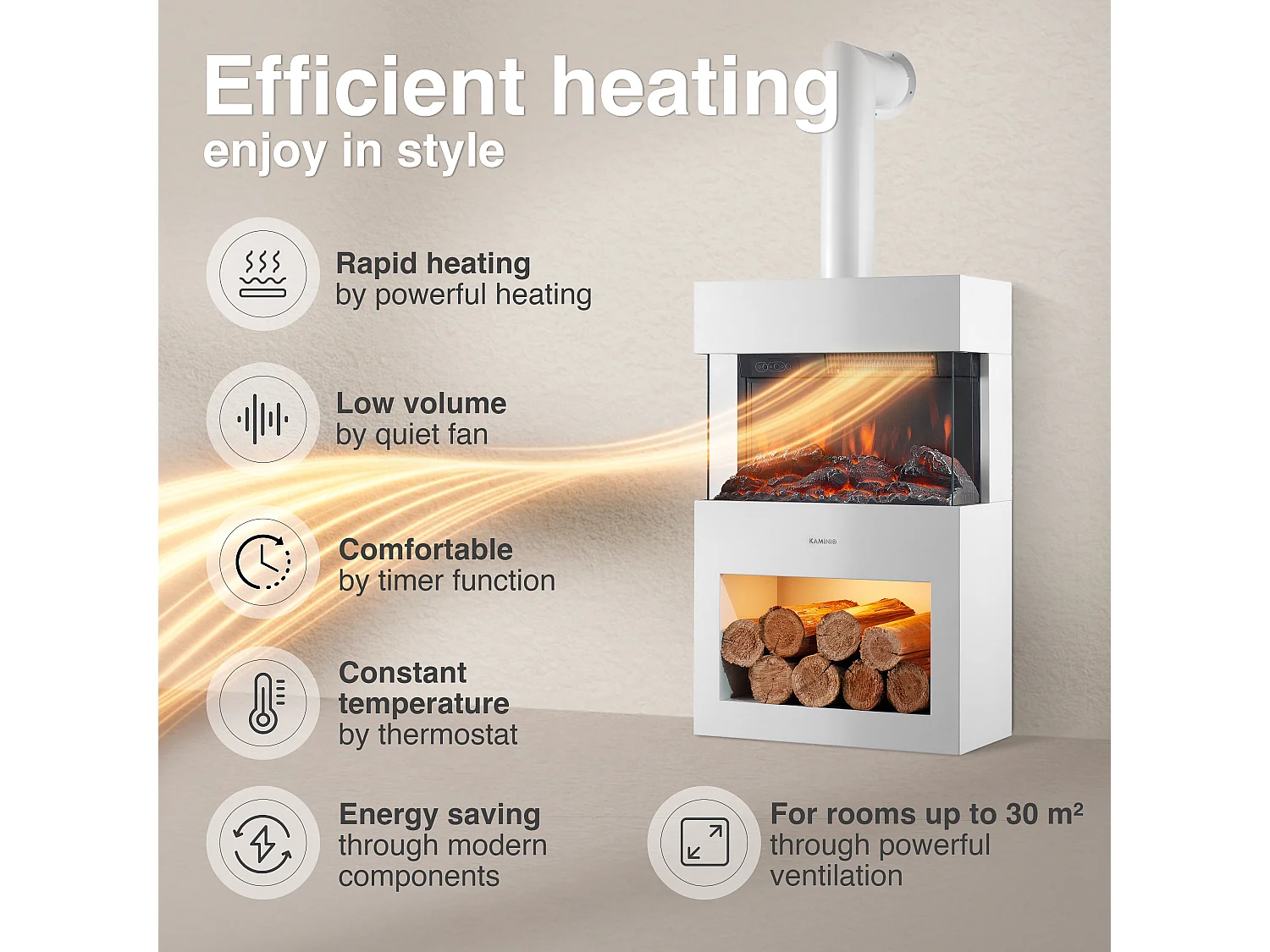 KAMINIO HENRI elektrische haard met rookkanaal - Elektrische haard met verwarming, 3D-vlameffect, LED-sfeerverlichting, houtopslagvak, afstandsbediening - Wit
