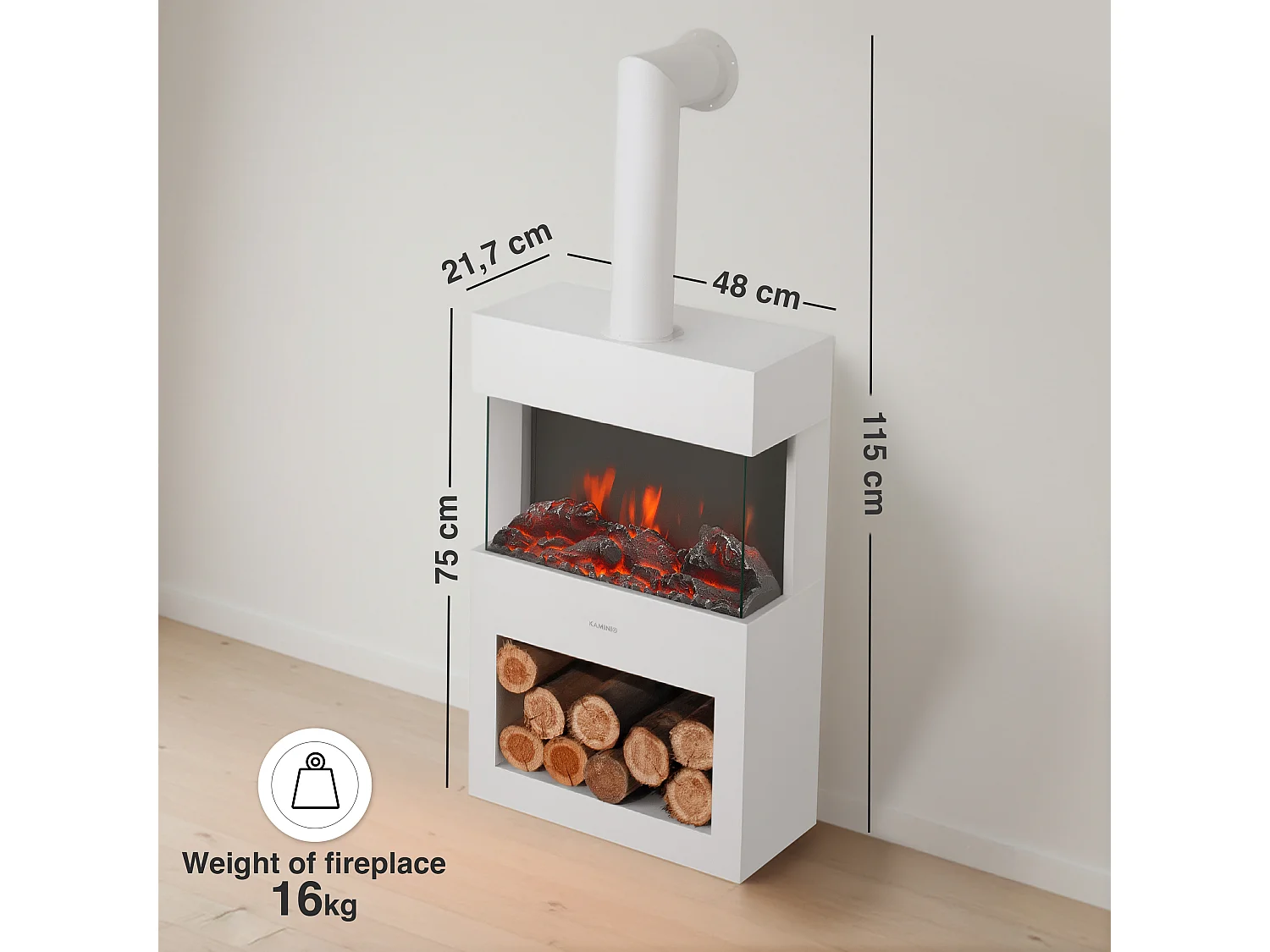 KAMINIO HENRI elektrische haard met rookkanaal - Elektrische haard met verwarming, 3D-vlameffect, LED-sfeerverlichting, houtopslagvak, afstandsbediening - Wit