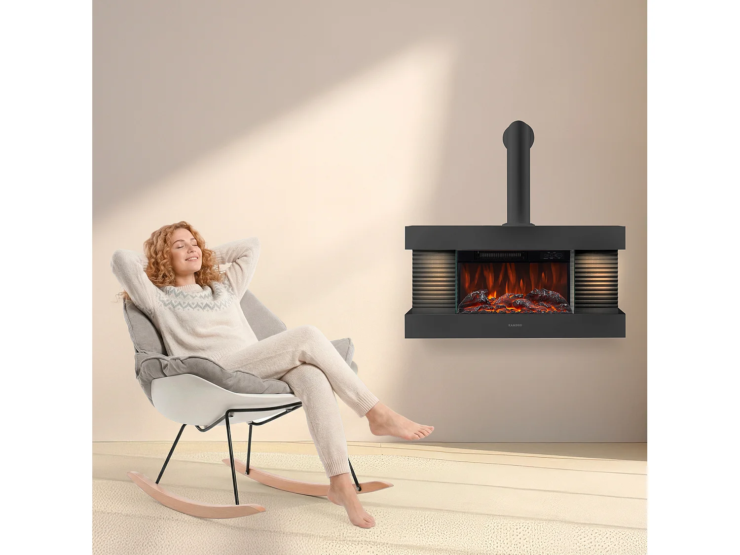 KAMINIO Chimenea eléctrica LIZ con tubo de chimenea - Chimenea de pared con calefacción, llama 3D, luz ambiental, control remoto - Negro