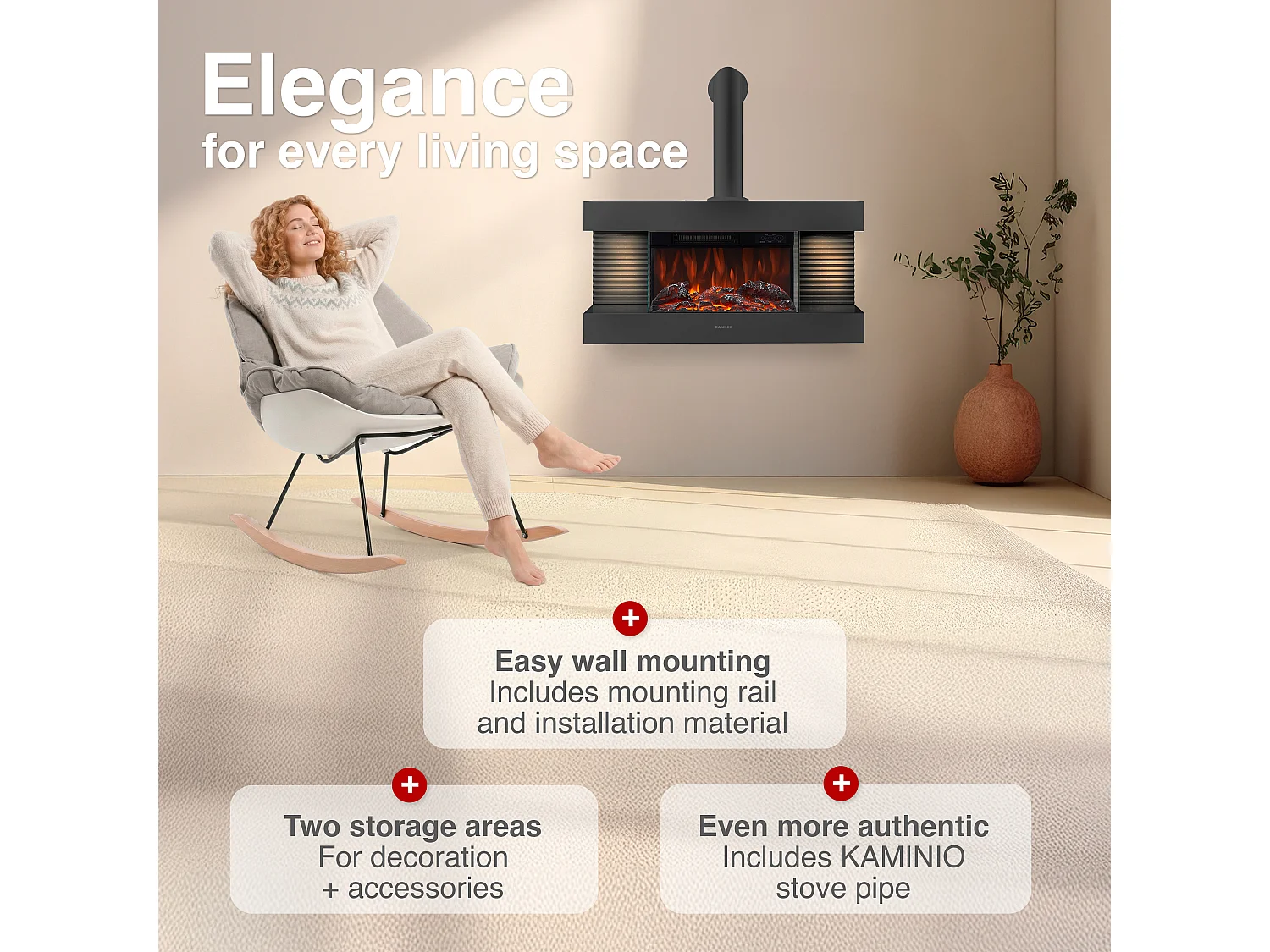 KAMINIO Chimenea eléctrica LIZ con tubo de chimenea - Chimenea de pared con calefacción, llama 3D, luz ambiental, control remoto - Negro