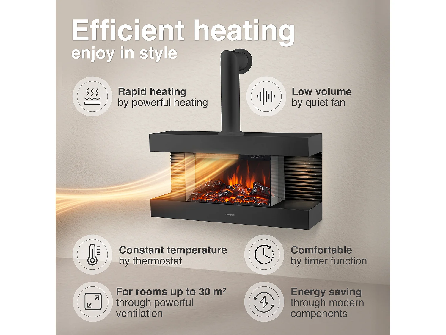 KAMINIO Chimenea eléctrica LIZ con tubo de chimenea - Chimenea de pared con calefacción, llama 3D, luz ambiental, control remoto - Negro