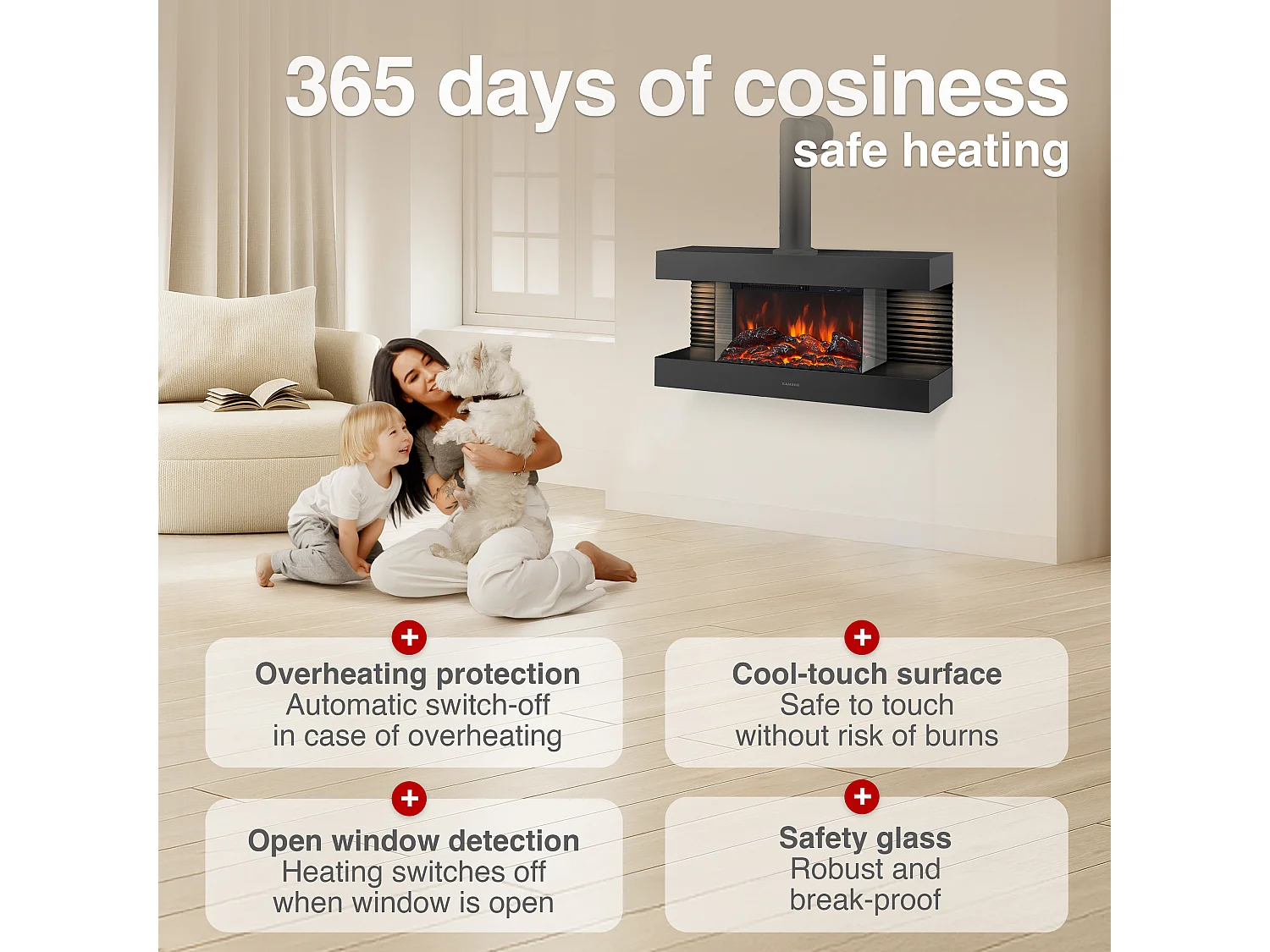 KAMINIO Chimenea eléctrica LIZ con tubo de chimenea - Chimenea de pared con calefacción, llama 3D, luz ambiental, control remoto - Negro