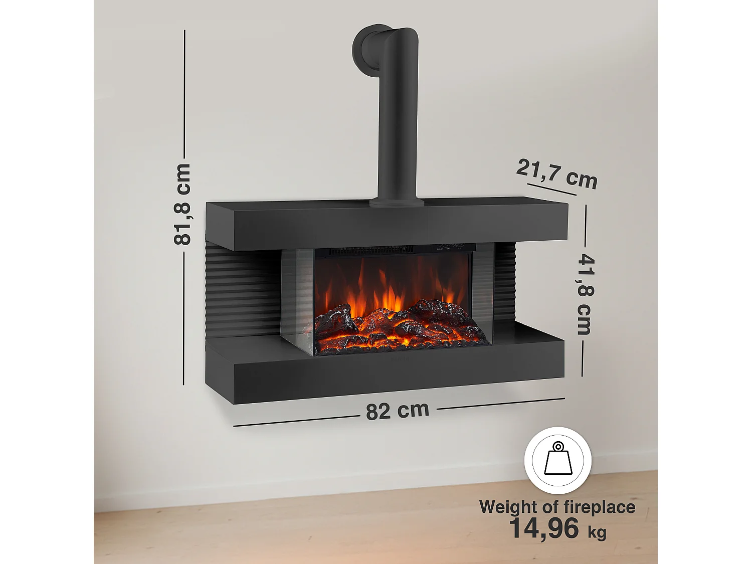 KAMINIO Chimenea eléctrica LIZ con tubo de chimenea - Chimenea de pared con calefacción, llama 3D, luz ambiental, control remoto - Negro