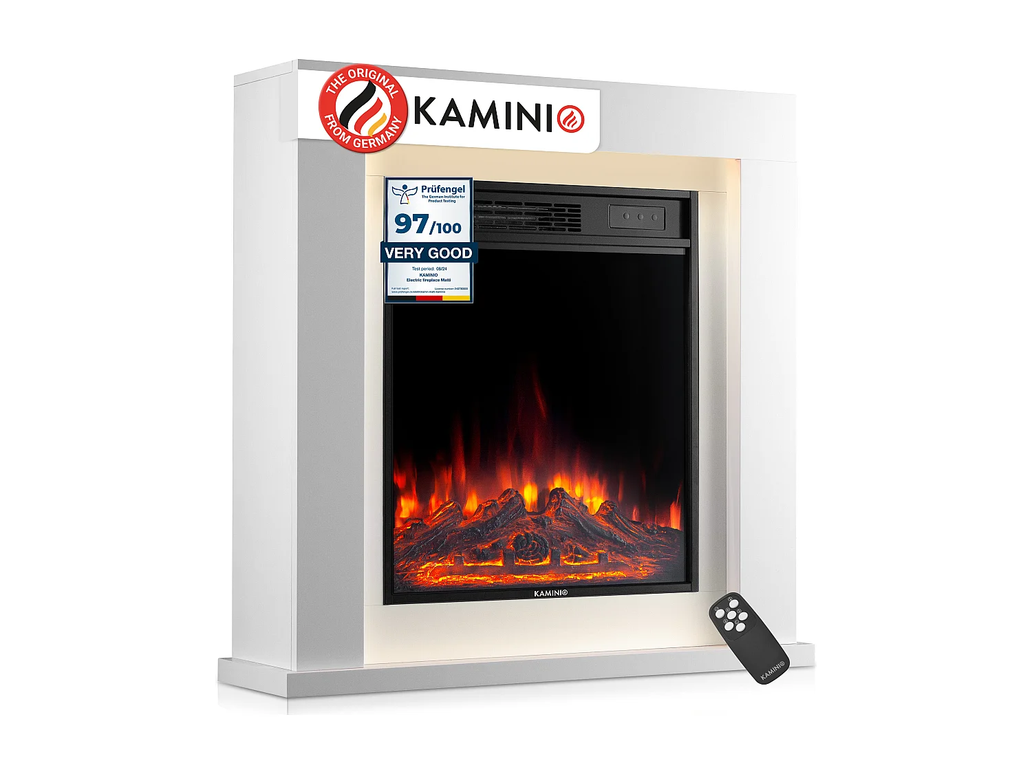 KAMINIO Elektrische haard MATTI – Elektrische staande haard met verwarmingsfunctie, 3D-vlammeffect, sfeerverlichting, afstandsbediening – 32 inch, Wit