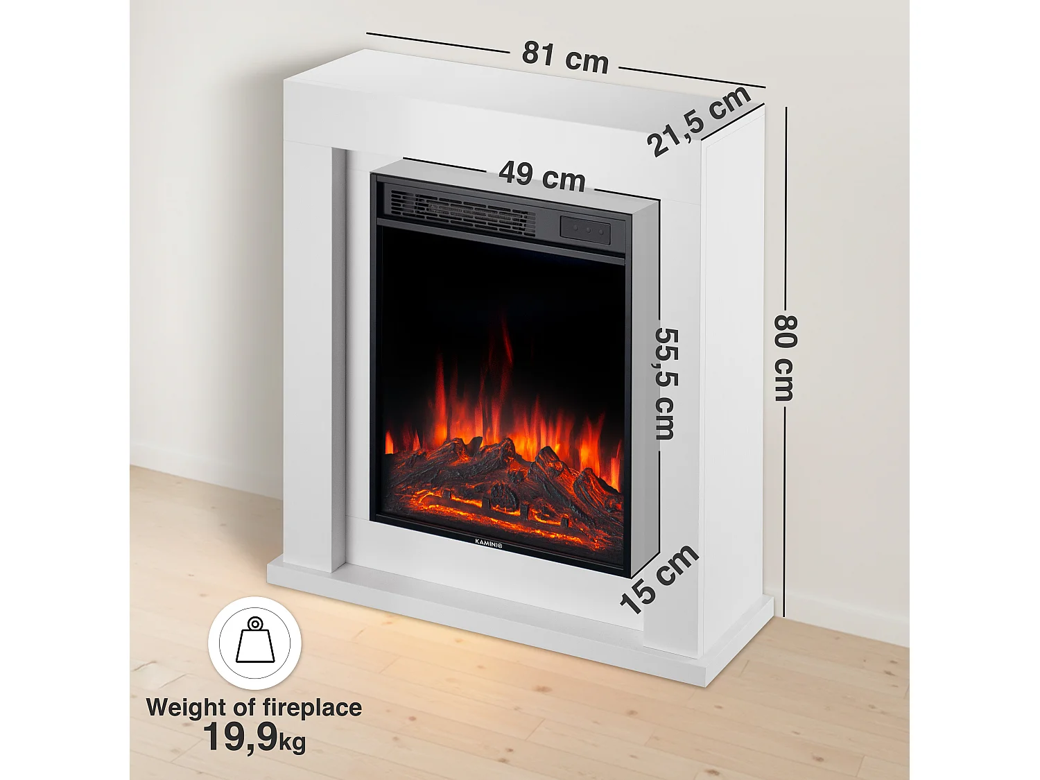 KAMINIO Elektrische haard MATTI – Elektrische staande haard met verwarmingsfunctie, 3D-vlammeffect, sfeerverlichting, afstandsbediening – 32 inch, Wit