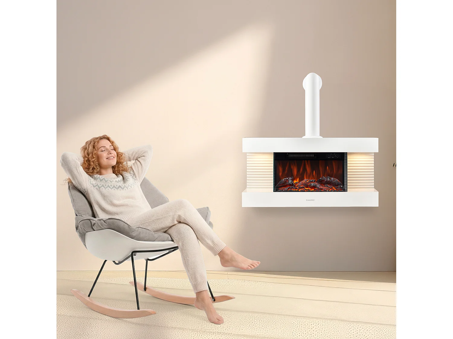 KAMINIO LIZ elektrische haard met rookkanaal - Elektrische wandhaard met verwarming, 3D-vlameffect, LED-sfeerverlichting en afstandsbediening - Wit