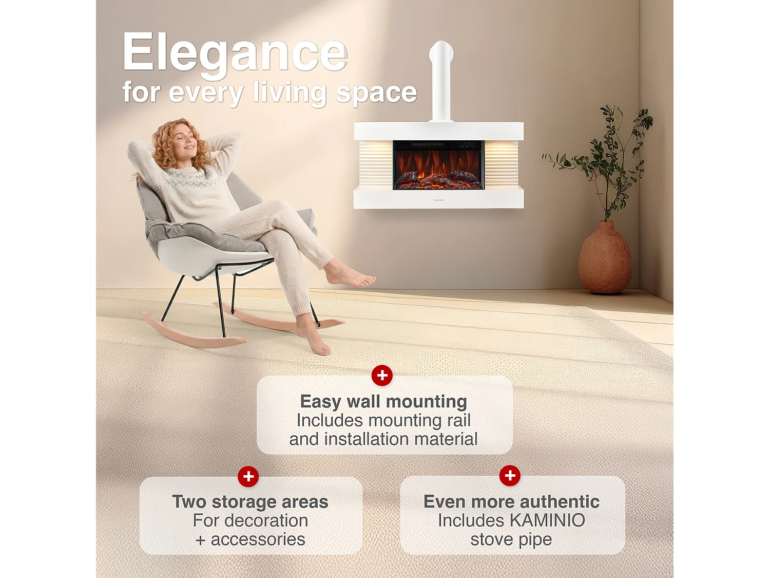 KAMINIO LIZ elektrische haard met rookkanaal - Elektrische wandhaard met verwarming, 3D-vlameffect, LED-sfeerverlichting en afstandsbediening - Wit