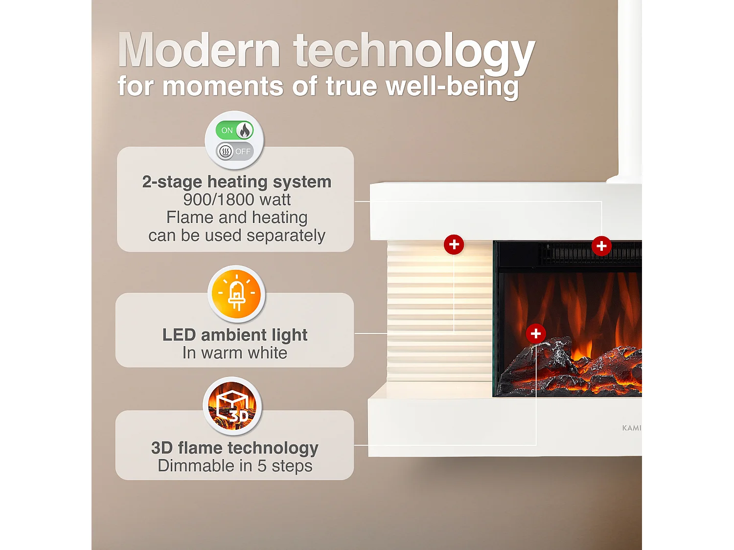 KAMINIO LIZ elektrische haard met rookkanaal - Elektrische wandhaard met verwarming, 3D-vlameffect, LED-sfeerverlichting en afstandsbediening - Wit