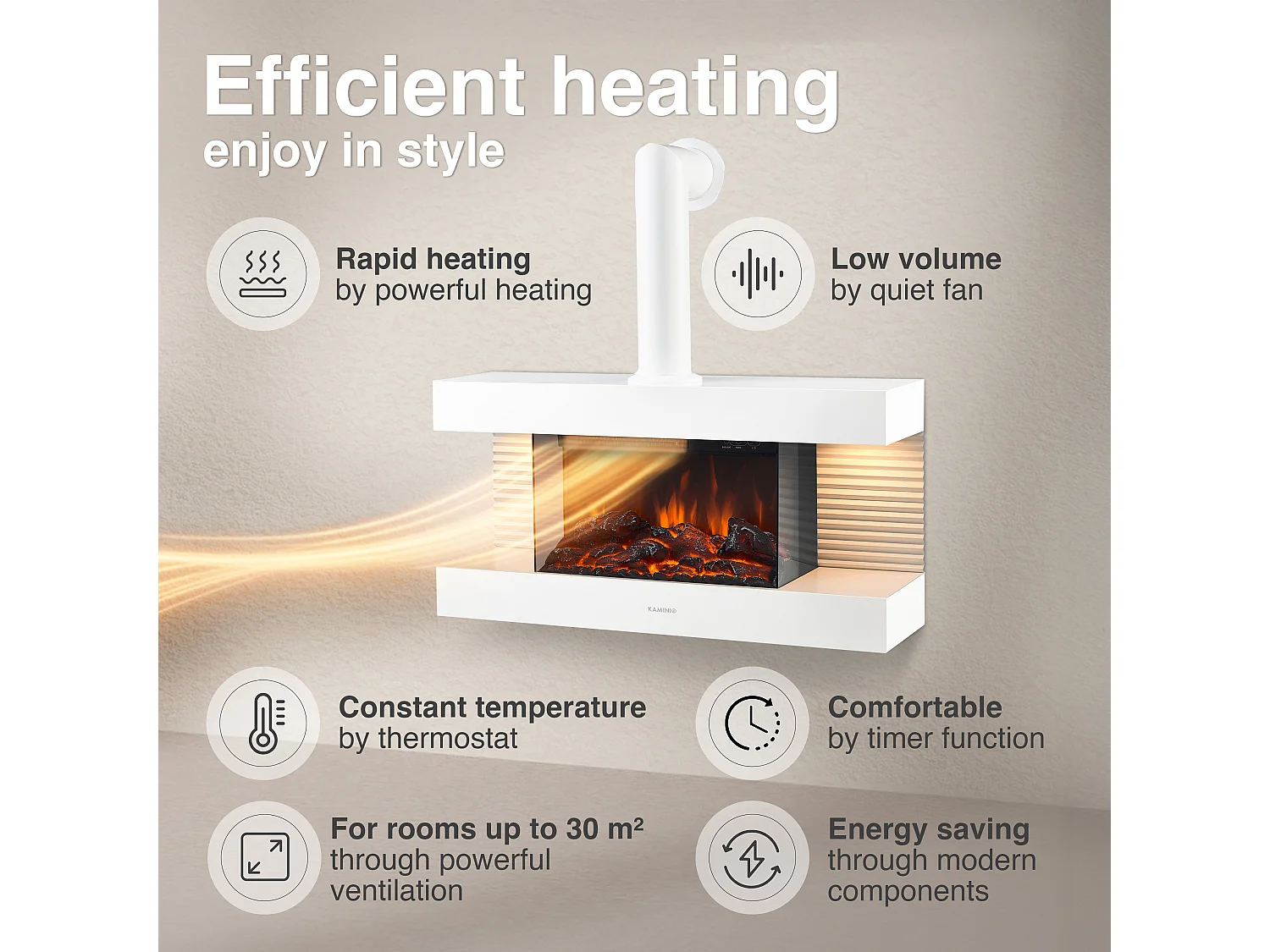 KAMINIO LIZ elektrische haard met rookkanaal - Elektrische wandhaard met verwarming, 3D-vlameffect, LED-sfeerverlichting en afstandsbediening - Wit