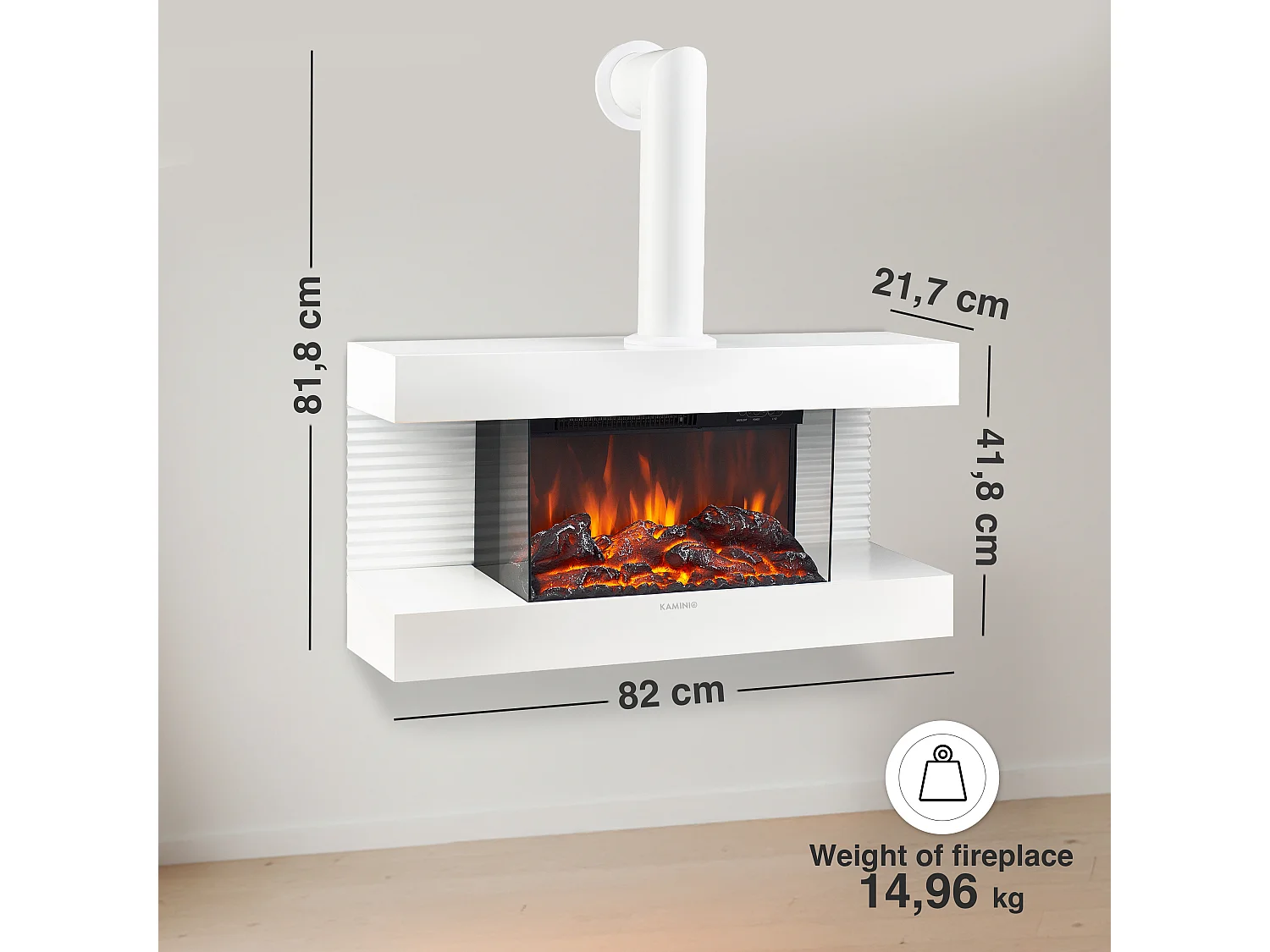 KAMINIO LIZ elektrische haard met rookkanaal - Elektrische wandhaard met verwarming, 3D-vlameffect, LED-sfeerverlichting en afstandsbediening - Wit