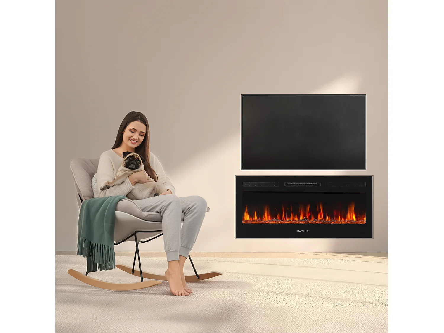 KAMINIO Camino elettrico MARLON - Camino elettrico 3 in 1 con riscaldatore, effetto fiamma 3D, 12 colori di fiamma, telecomando - 42 pollici