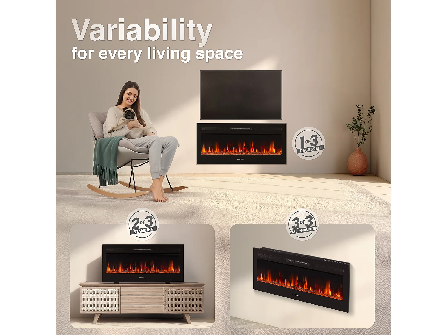 KAMINIO Camino elettrico MARLON - Camino elettrico 3 in 1 con riscaldatore, effetto fiamma 3D, 12 colori di fiamma, telecomando - 42 pollici