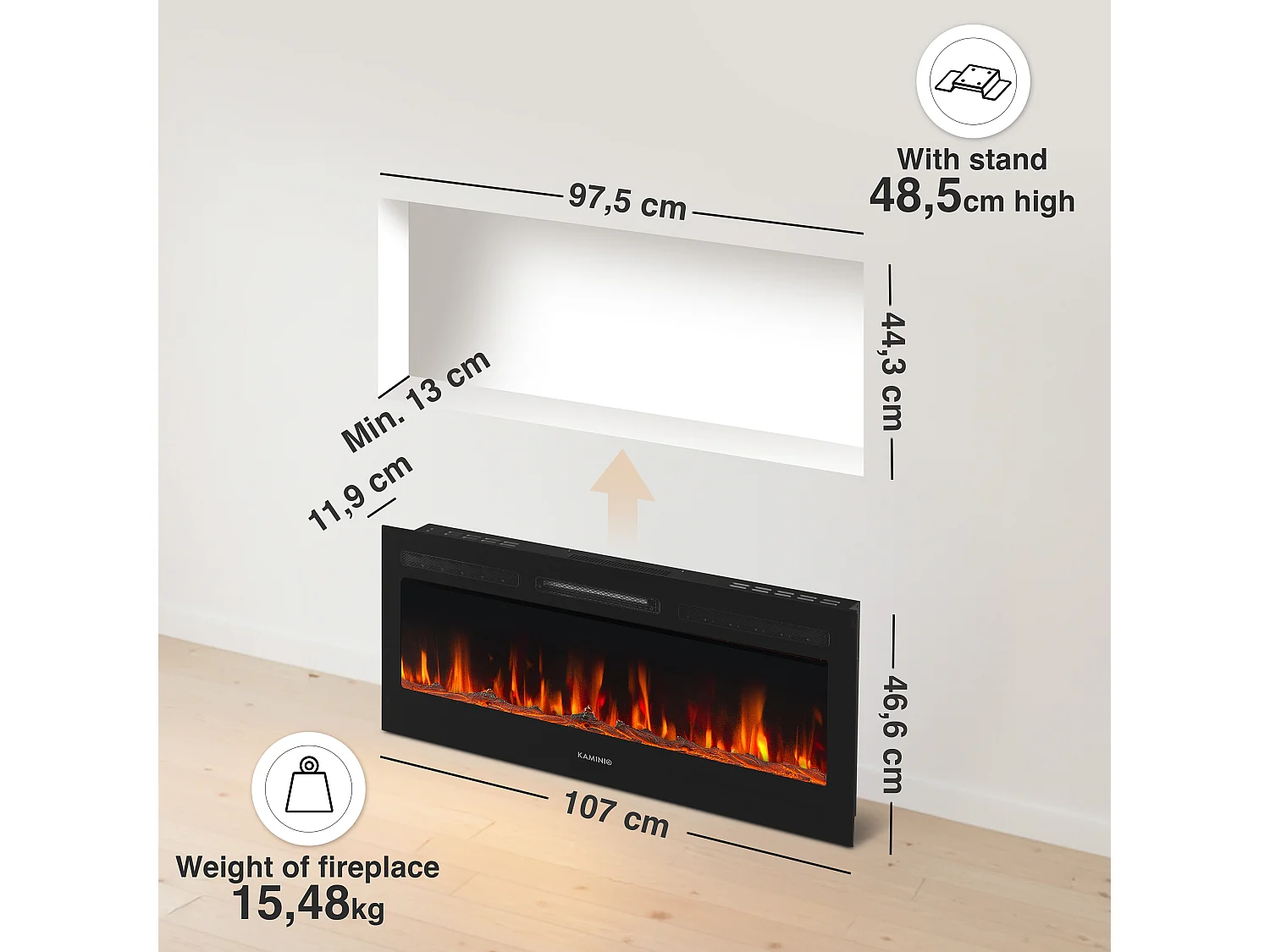 KAMINIO Camino elettrico MARLON - Camino elettrico 3 in 1 con riscaldatore, effetto fiamma 3D, 12 colori di fiamma, telecomando - 42 pollici