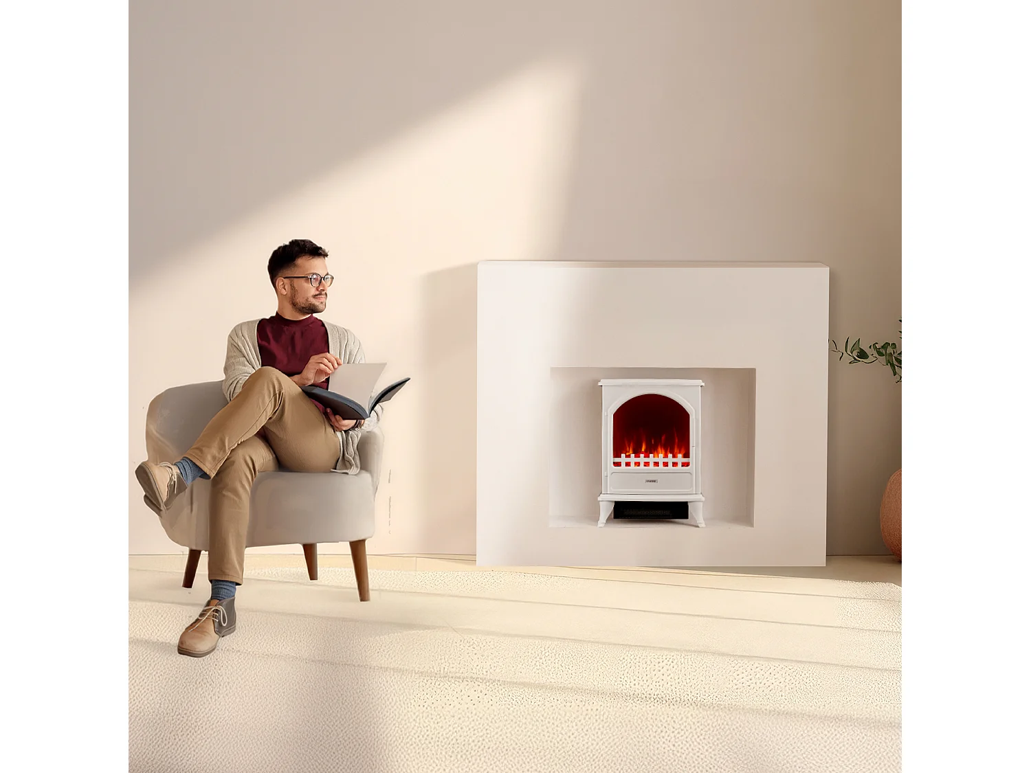 KAMINIO LENI Elektrische Haard - Elektrische Haard met Verwarming, 3D Vlammeneffect - Wit