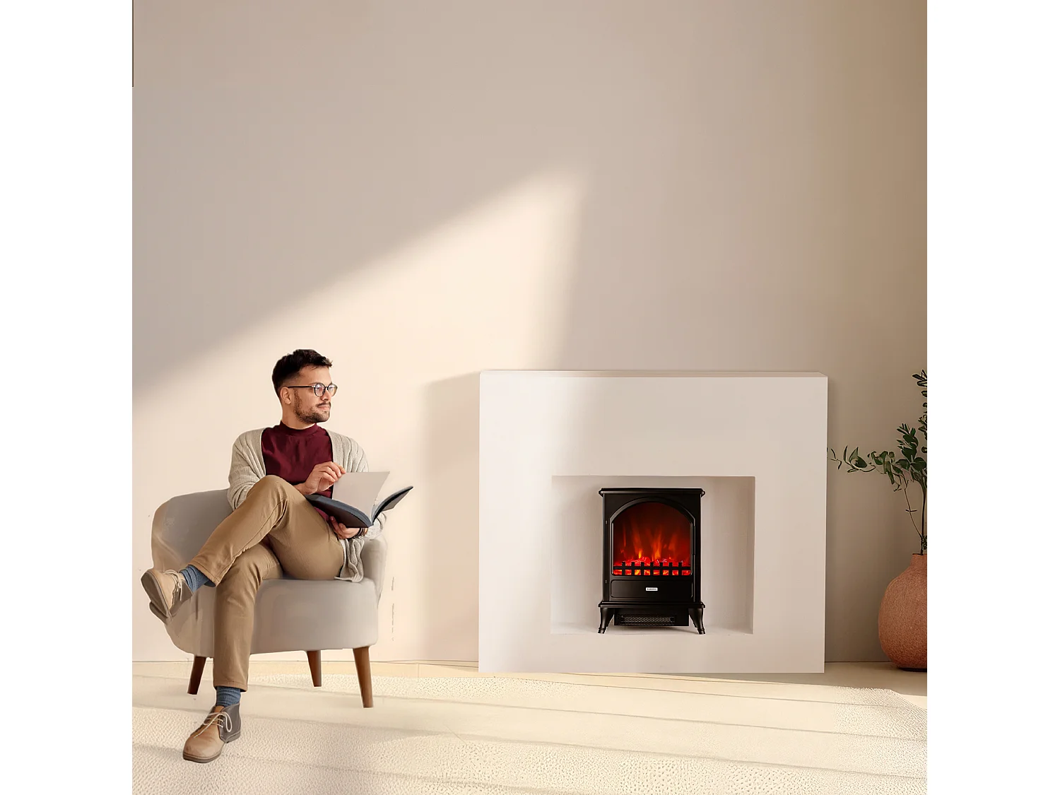 KAMINIO Cheminée électrique LENI - Poêle électrique avec chauffage, effet de flamme 3D - Noir