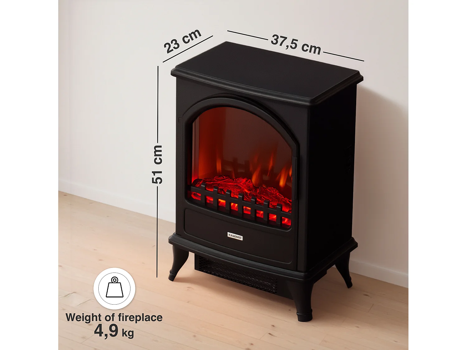 KAMINIO Cheminée électrique LENI - Poêle électrique avec chauffage, effet de flamme 3D - Noir