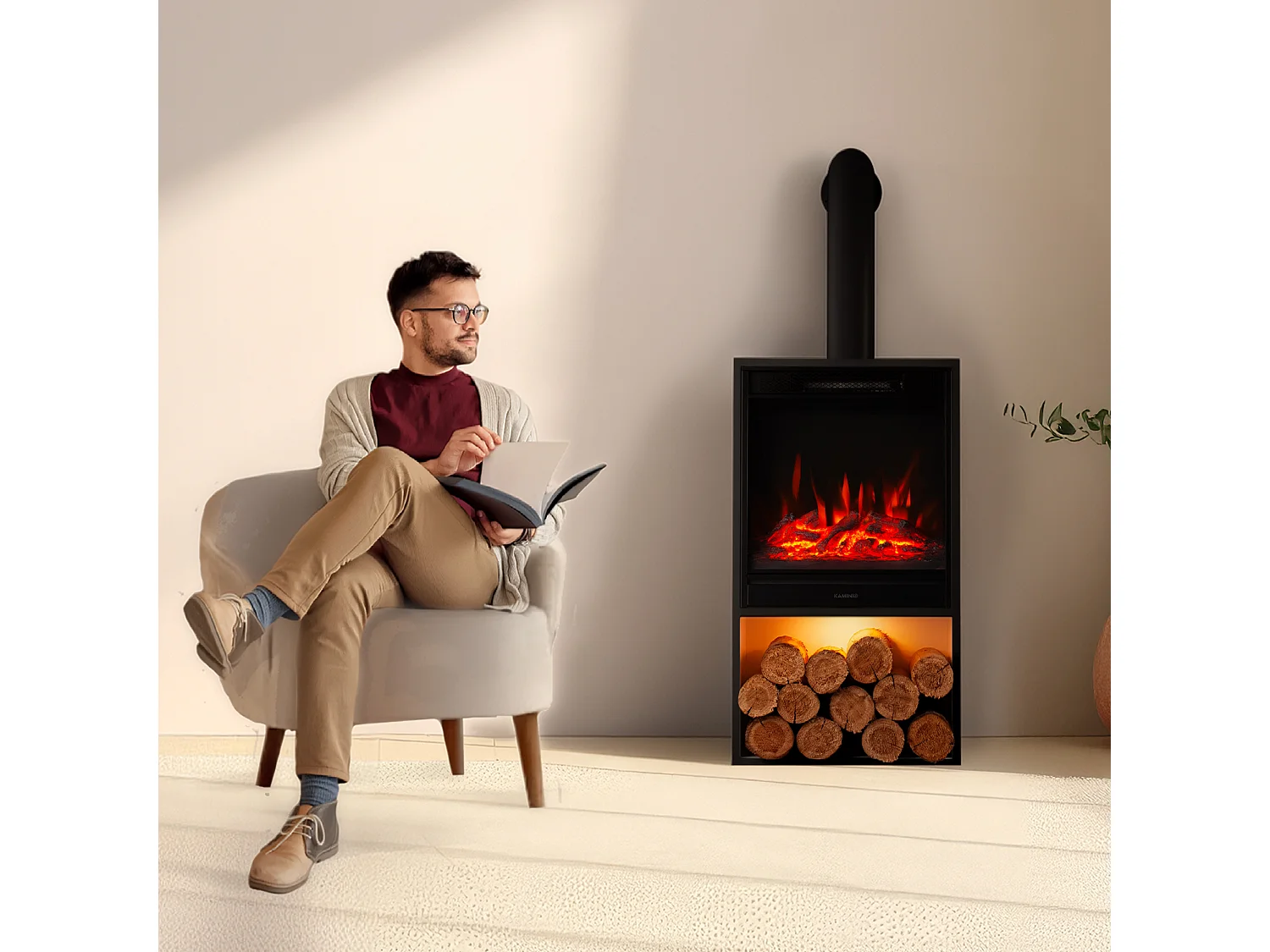 KAMINIO HUGO elektrische haard met rookkanaal - Elektrische haard met verwarming, 3D-vlameffect, LED-sfeerverlichting, houtopslagvak en afstandsbediening - Zwart