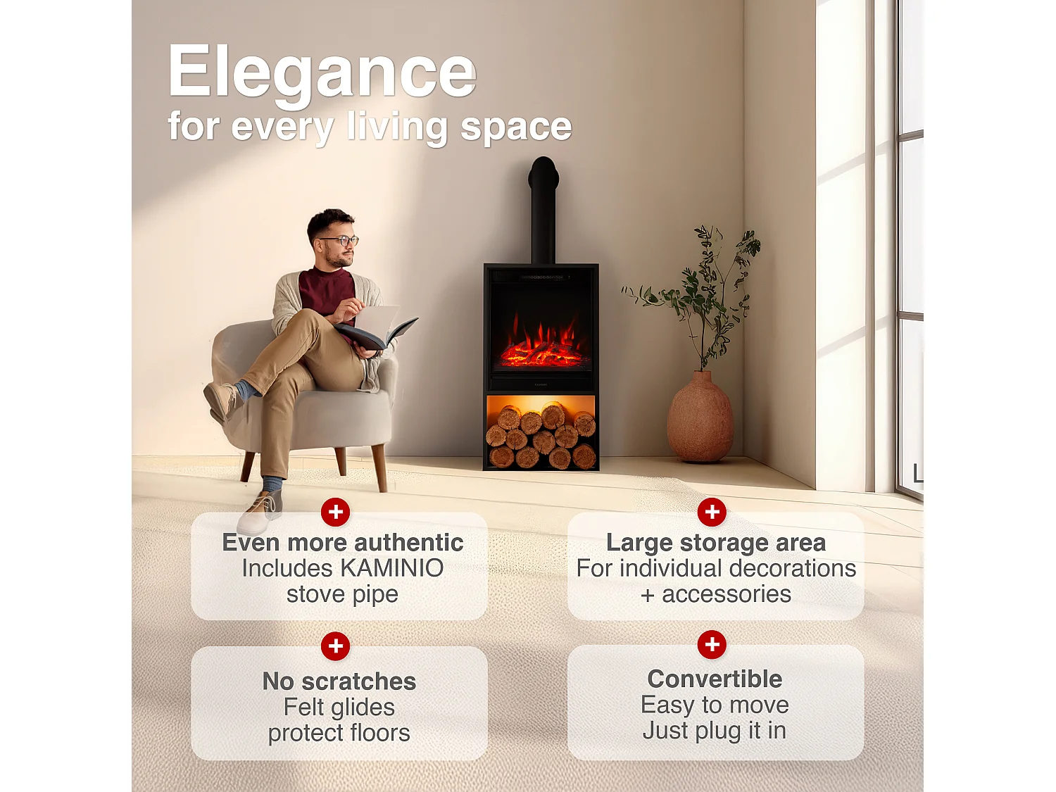 KAMINIO HUGO elektrische haard met rookkanaal - Elektrische haard met verwarming, 3D-vlameffect, LED-sfeerverlichting, houtopslagvak en afstandsbediening - Zwart