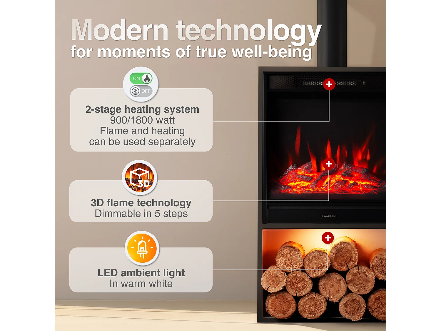 KAMINIO HUGO elektrische haard met rookkanaal - Elektrische haard met verwarming, 3D-vlameffect, LED-sfeerverlichting, houtopslagvak en afstandsbediening - Zwart