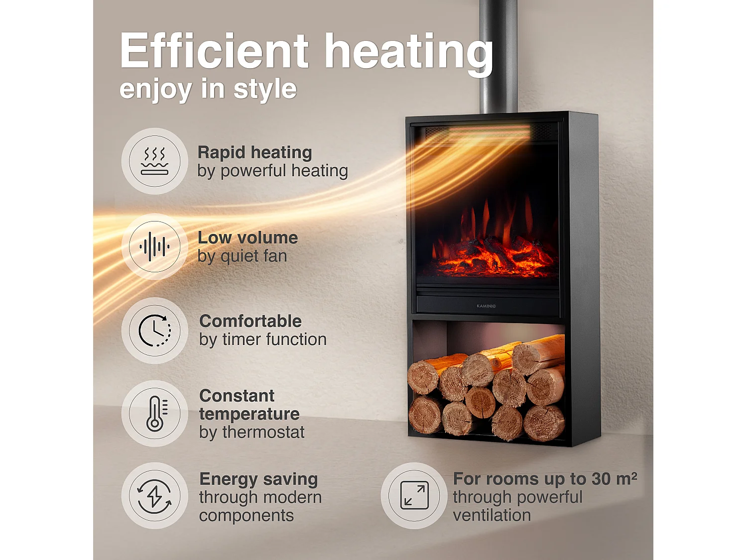 KAMINIO HUGO elektrische haard met rookkanaal - Elektrische haard met verwarming, 3D-vlameffect, LED-sfeerverlichting, houtopslagvak en afstandsbediening - Zwart