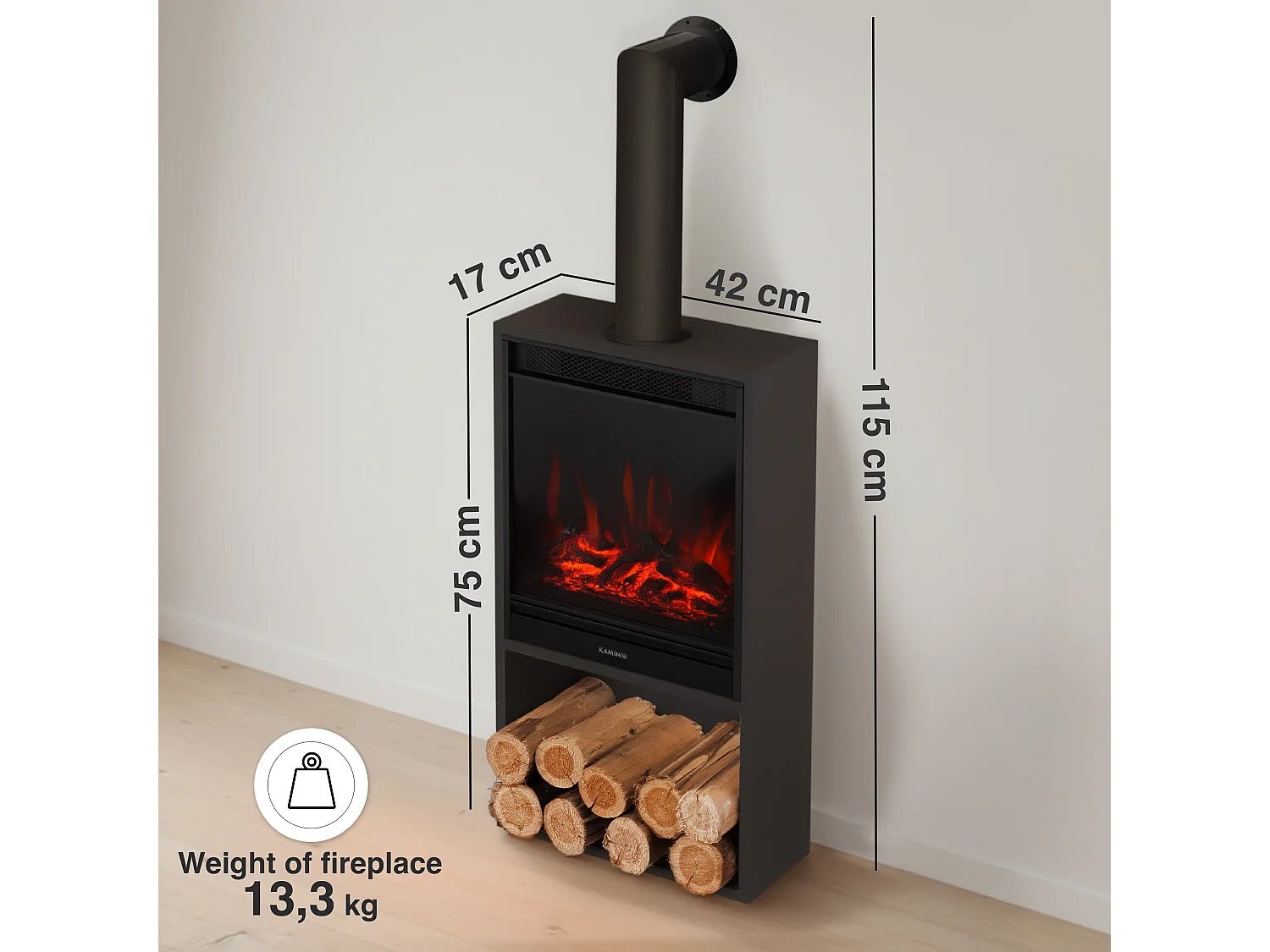 KAMINIO HUGO elektrische haard met rookkanaal - Elektrische haard met verwarming, 3D-vlameffect, LED-sfeerverlichting, houtopslagvak en afstandsbediening - Zwart